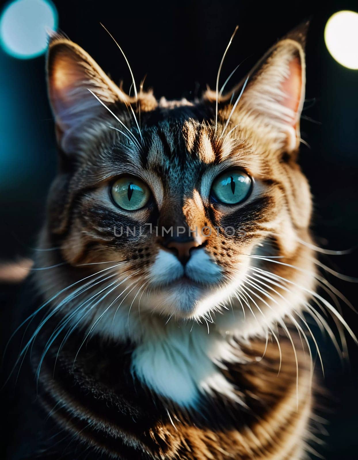 This beautiful cat with striking green eyes appears calm and composed. Its fur glistens against a blurred background, adding to its charm. Cats Felis are a genus of predatory mammals. Generative AI.