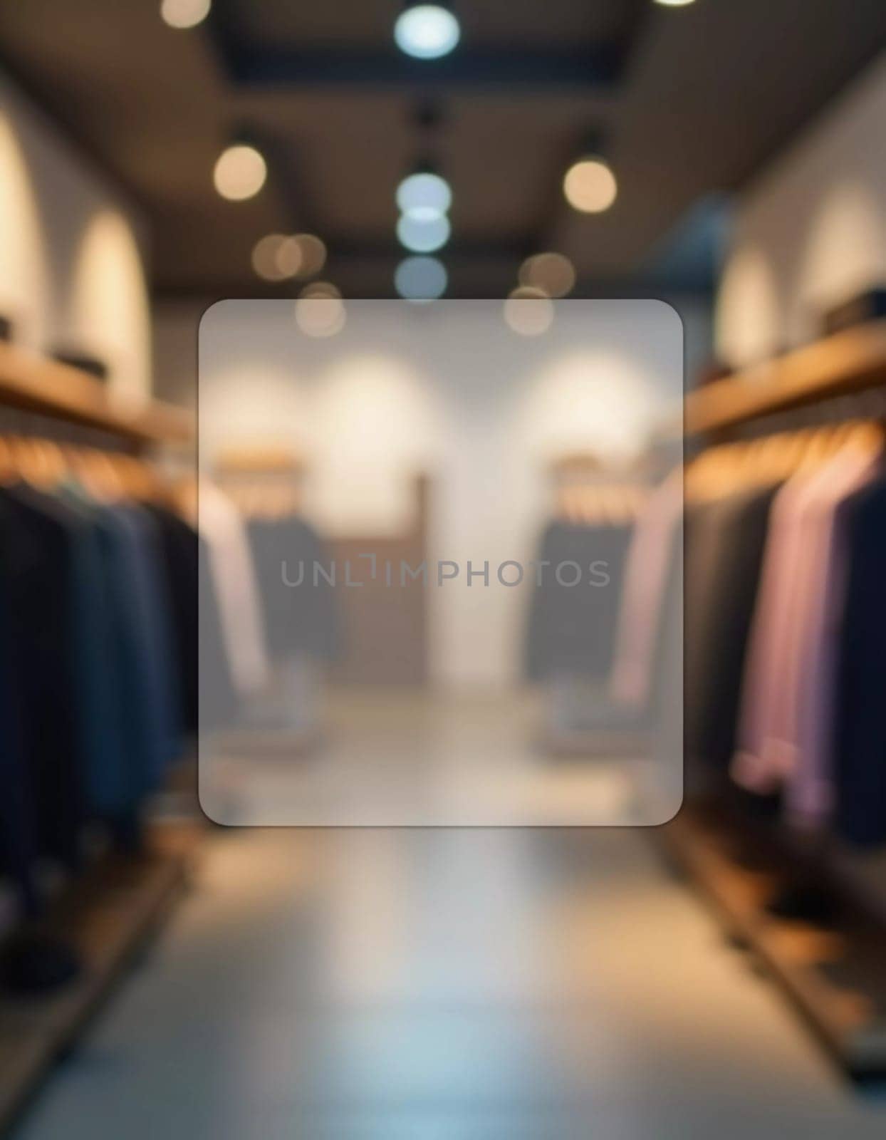 In a contemporary clothing store, racks display an assortment of fashionable apparel. Lighting enhances inviting atmosphere. Rectangular translucent free space for text in the middle of the image. AI.