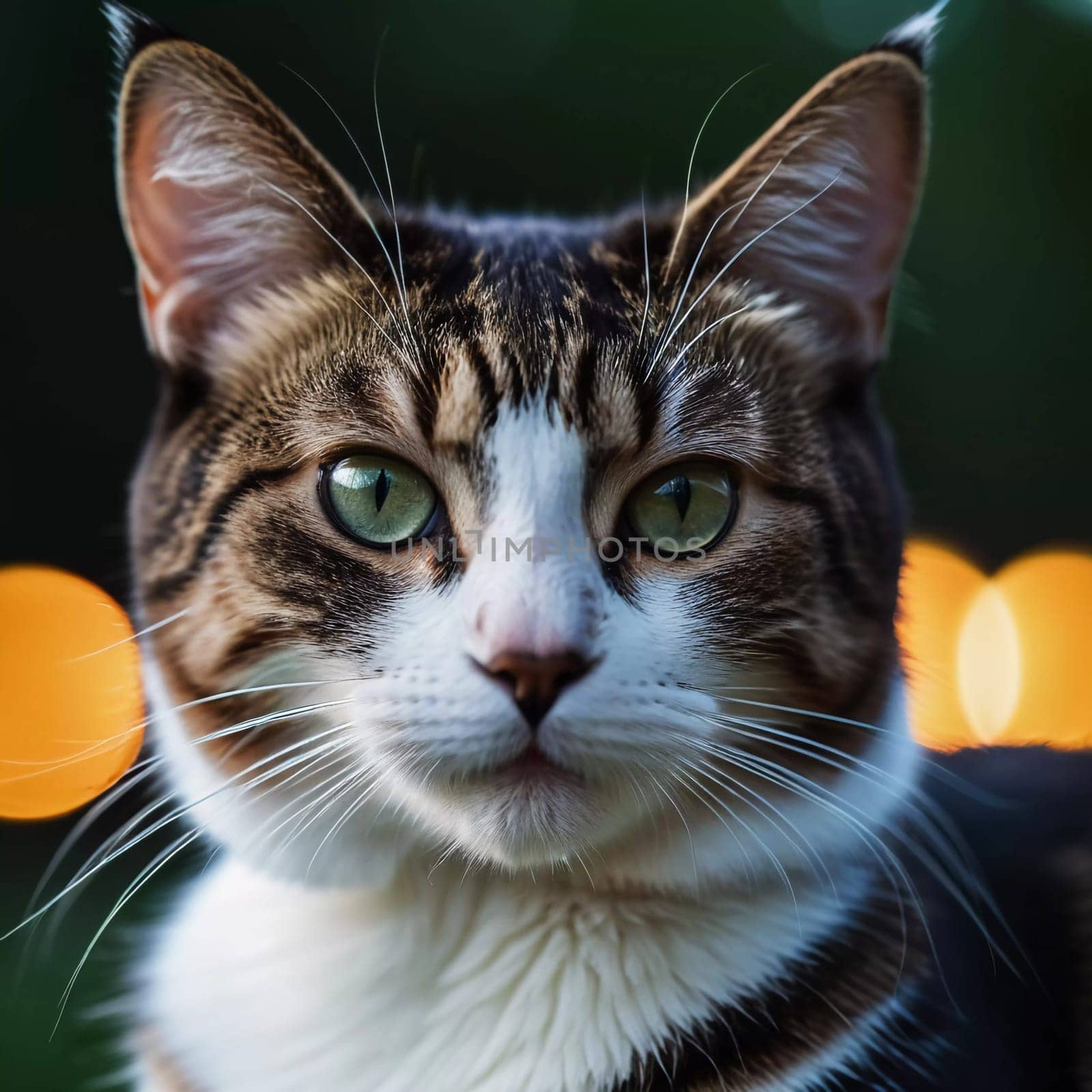 This beautiful cat with striking green eyes appears calm and composed. Its fur glistens against a blurred background, adding to its charm. Cats Felis are a genus of predatory mammals. Generative AI.