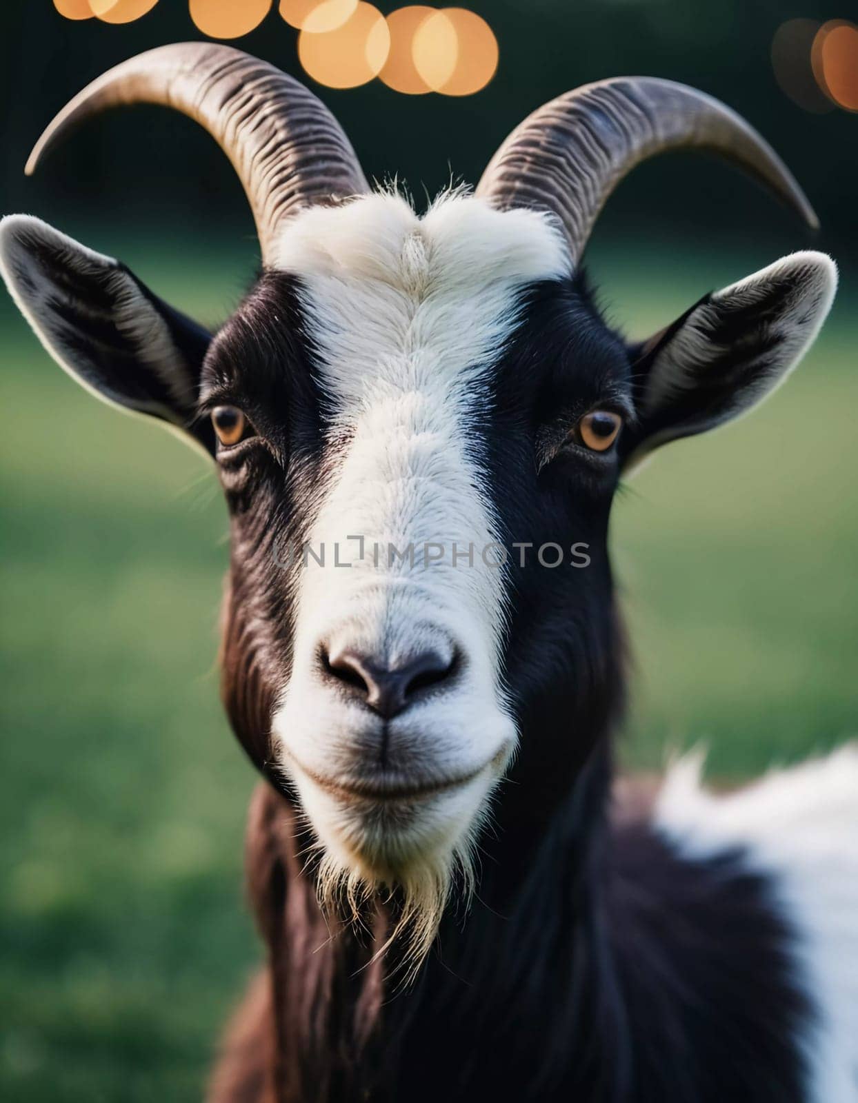 This friendly goat showcases a striking black and white coat, gazing calmly at the viewer. Bokeh lights create a warm atmosphere, enhancing the peaceful twilight setting. Generative AI.