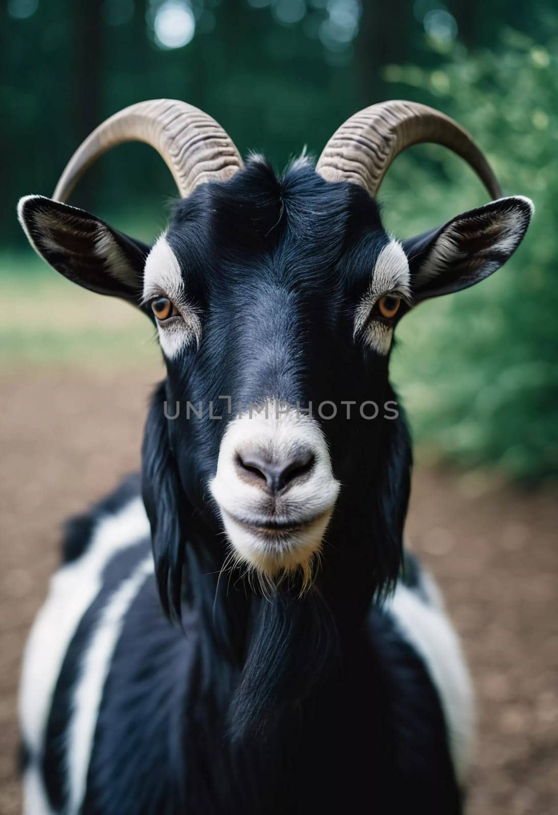 A black and white goat stands in a forest clearing, its curious expression and distinctive horns catching the light. The surrounding greenery enhances the serene atmosphere of the moment. Generative AI.