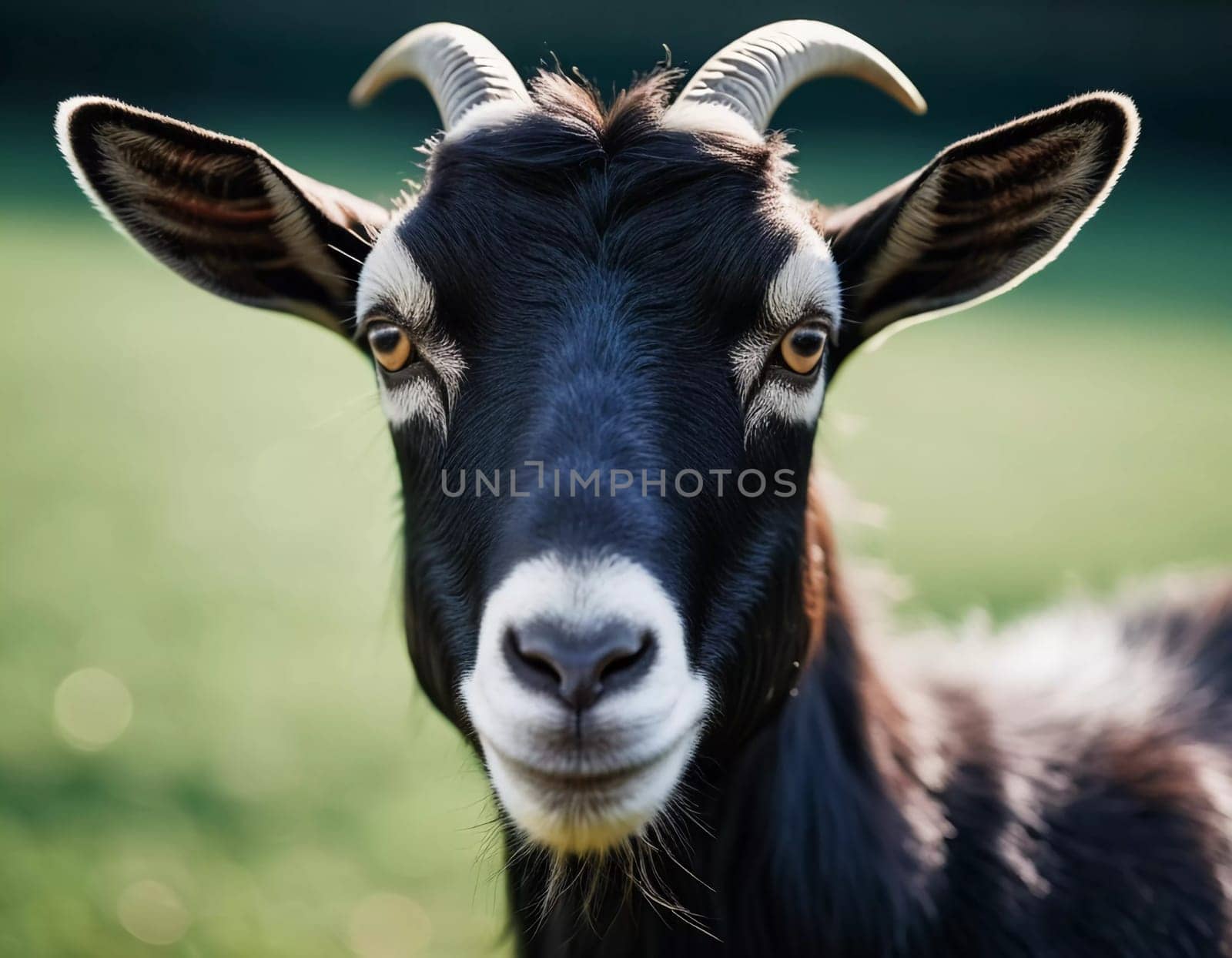 A black and white goat stands in a forest clearing, its curious expression and distinctive horns catching the light. The surrounding greenery enhances the serene atmosphere of the moment. Generative AI.