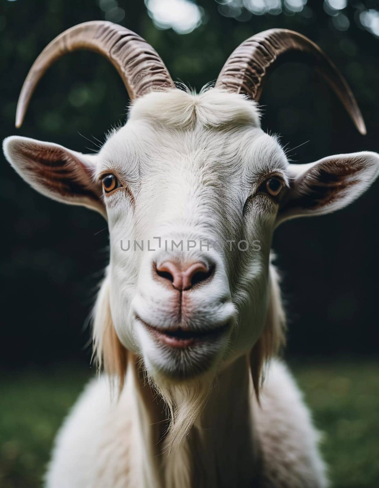 A white goat stands in a forest clearing, its curious expression and distinctive horns catching the light. The surrounding greenery enhances the serene atmosphere of the moment. Generative AI.