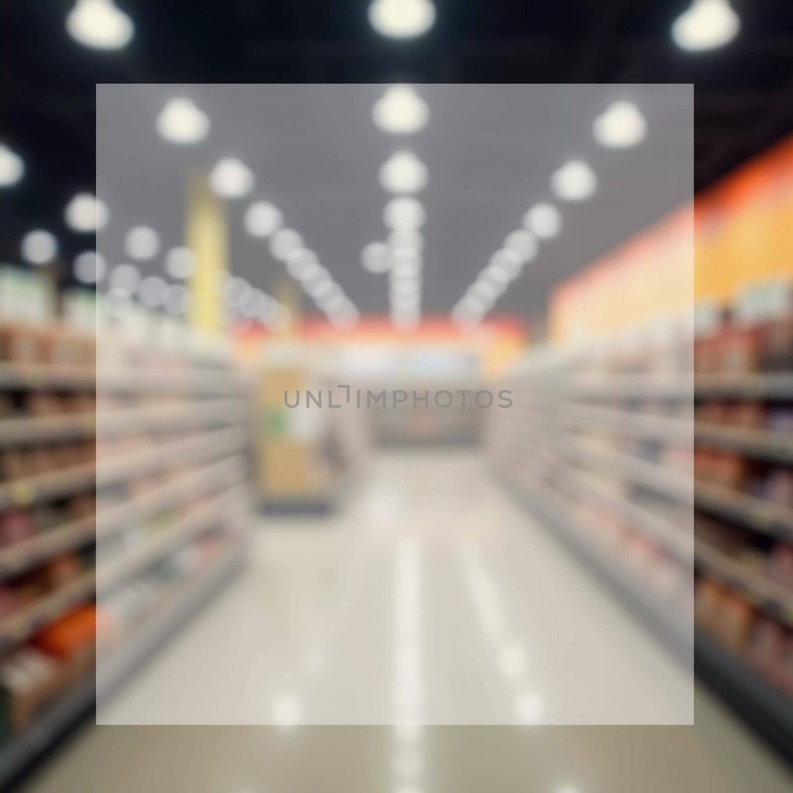 The goods are displayed invitingly for browsing. Packaged food products line shelves of a grocery store aisle, creating lively atmosphere for shoppers. Rectangular transparent free space for text. AI.