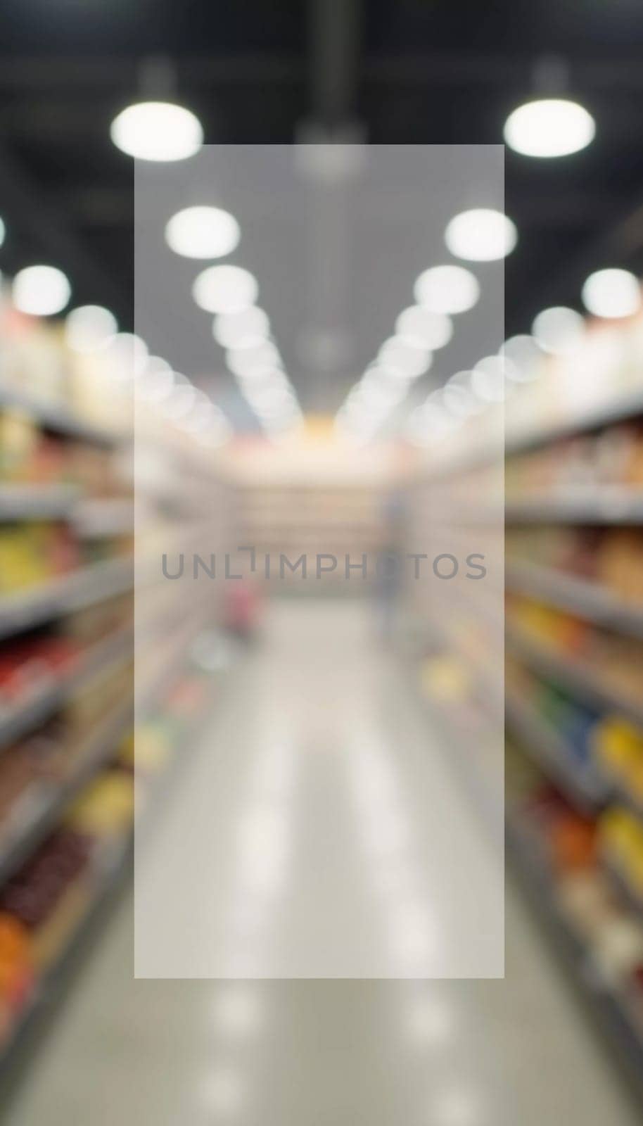 The goods are displayed invitingly for browsing. Packaged food products line shelves of a grocery store aisle, creating lively atmosphere for shoppers. Rectangular transparent free space for text. AI.