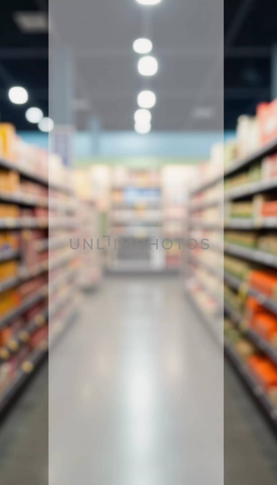 The goods are displayed invitingly for browsing. Packaged food products line the shelves of a grocery store aisle creating lively atmosphere for shoppers. Colored fruits and vegetables. Generative AI.
