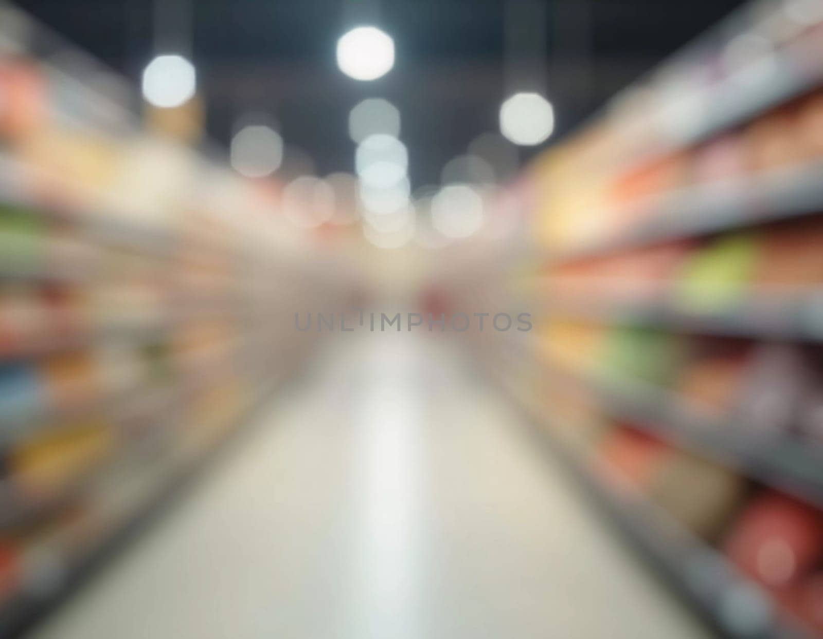 Goods are displayed invitingly for browsing. Packaged food products line shelves of grocery store aisle, creating lively atmosphere for shoppers. Round transparent free space for text. Generative AI.