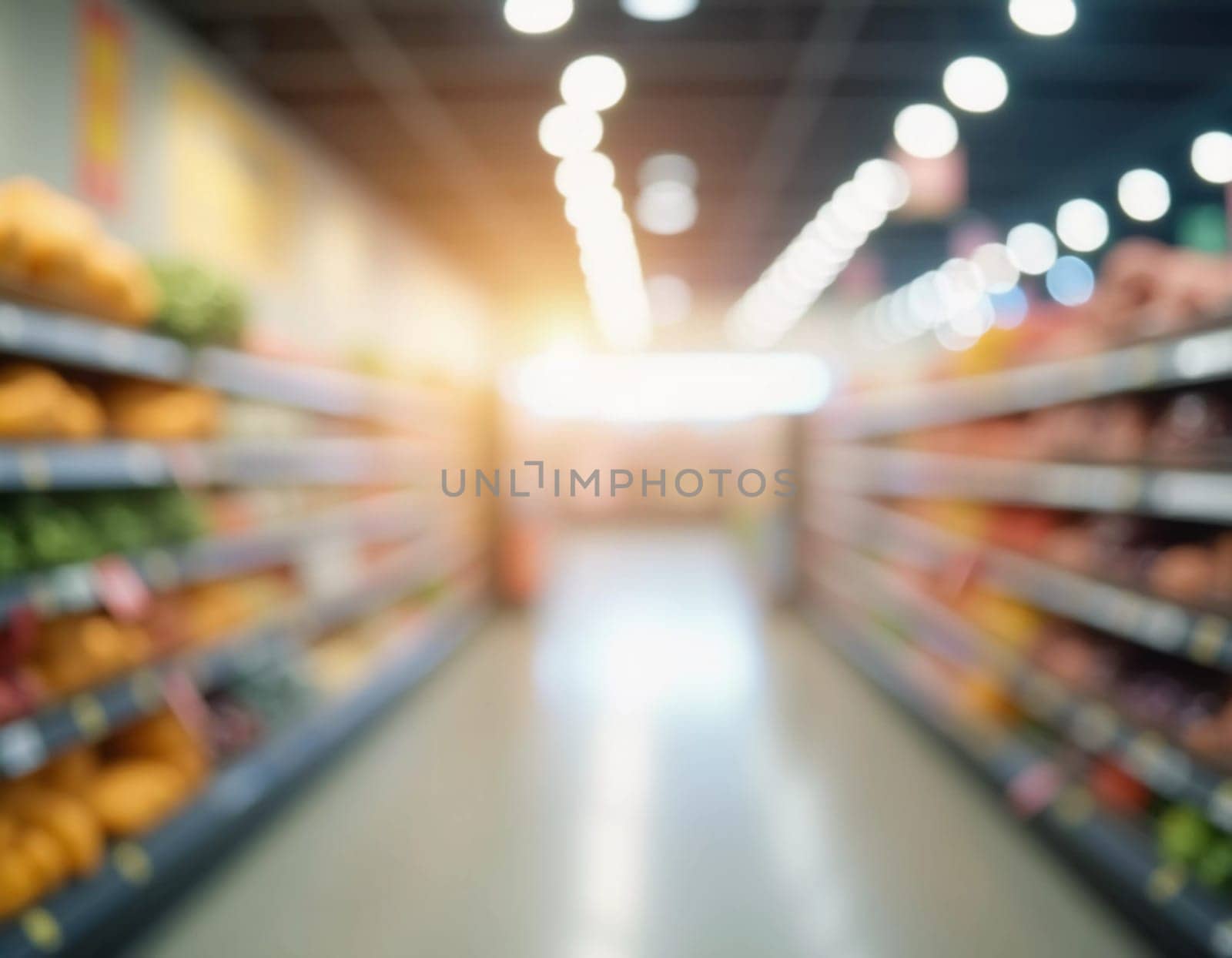 Goods are displayed invitingly for browsing. Packaged food products line shelves of grocery store aisle, creating lively atmosphere for shoppers. Round transparent free space for text. Generative AI.