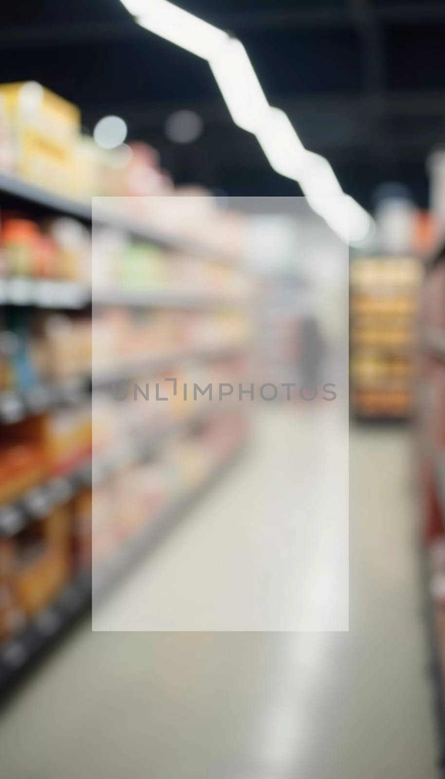 The goods are displayed invitingly for browsing. Packaged food products line shelves of a grocery store aisle, creating lively atmosphere for shoppers. Rectangular transparent free space for text. AI.