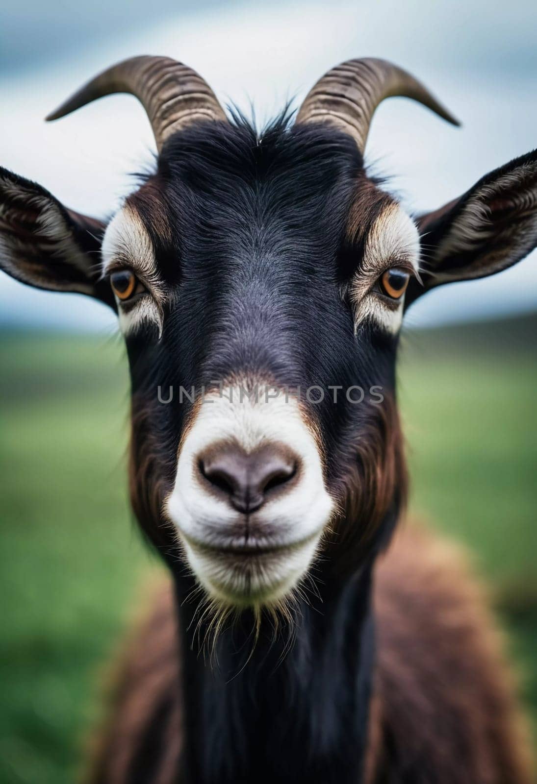 A black and white goat stands in a forest clearing, its curious expression and distinctive horns catching the light. The surrounding greenery enhances the serene atmosphere of the moment. Generative AI.