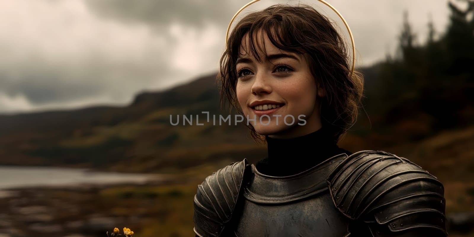 Joan of Arc, set against a dark background adorned with subtle flowers.  AI generative.