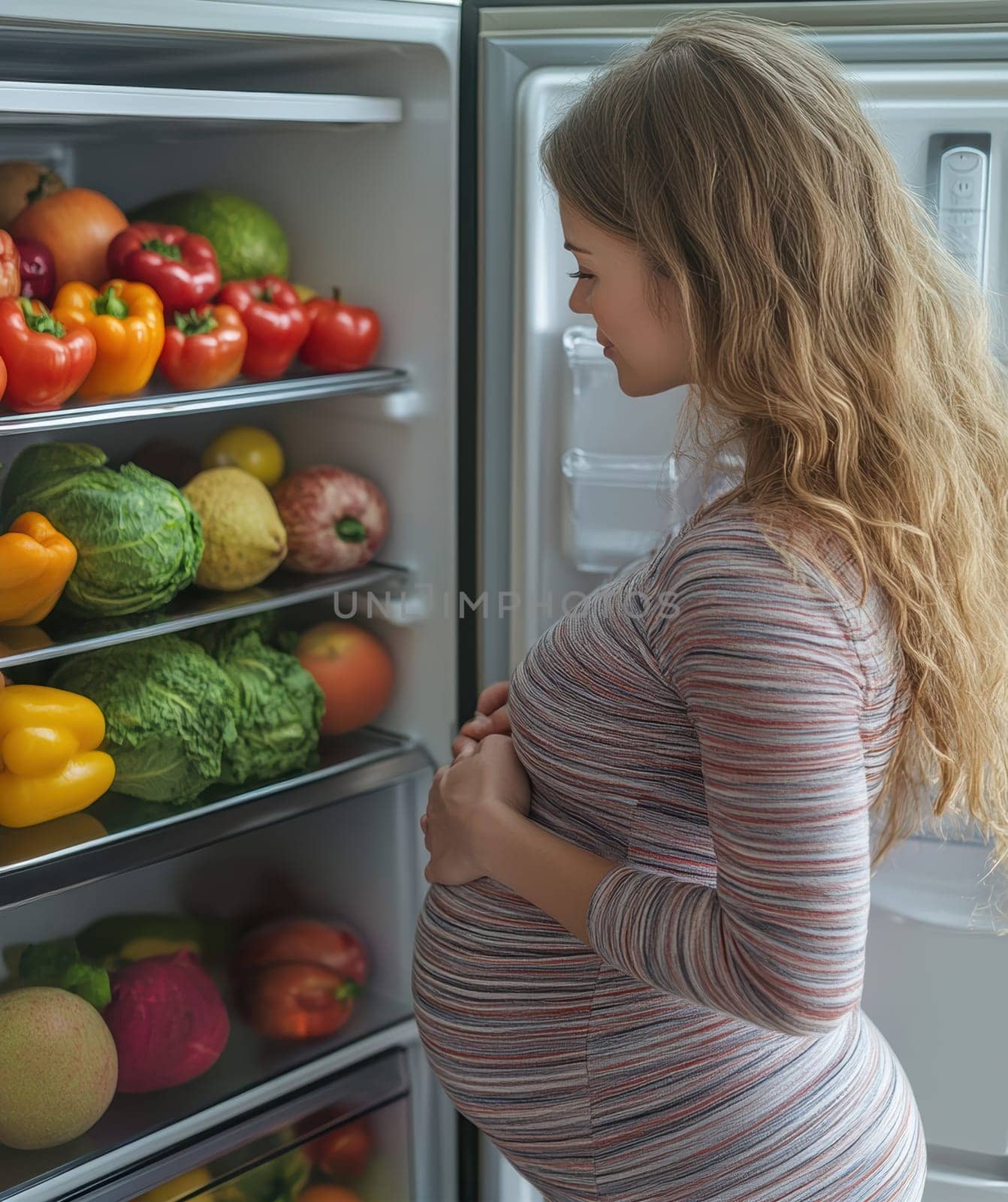 A pregnant woman is opening the refrigerator. AI generative.