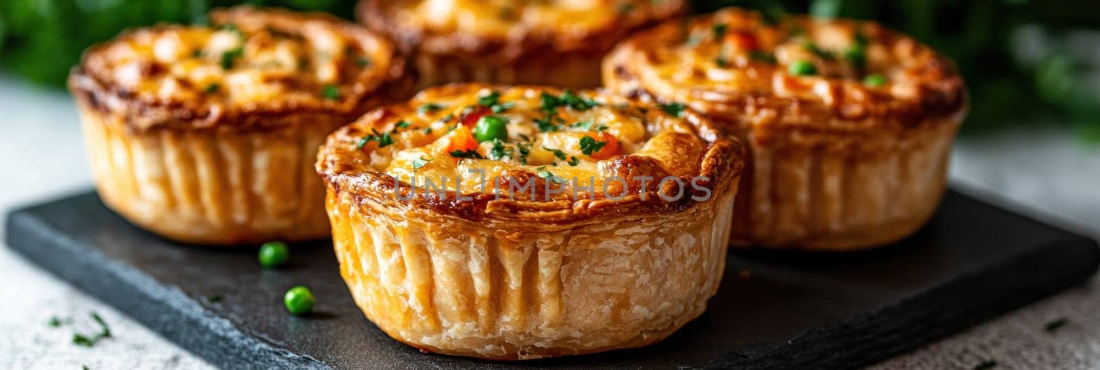 Golden mini chicken pot pie muffins with a flaky crust and creamy filling of chicken. AI generative.