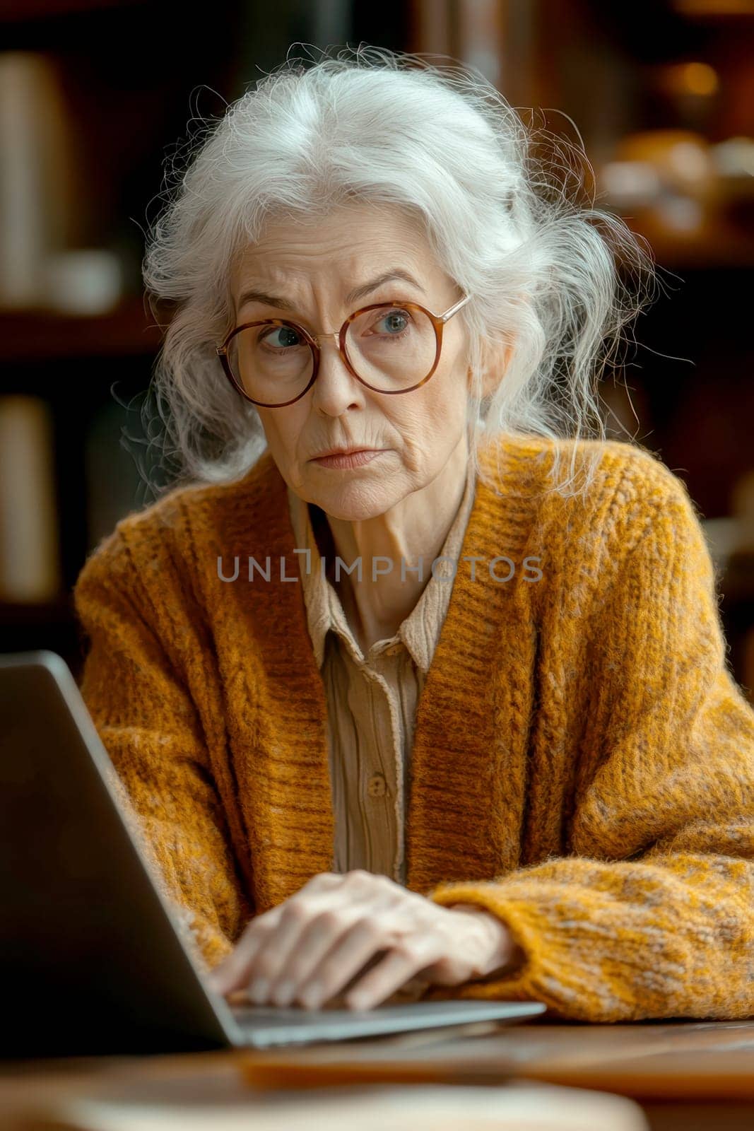 An elderly woman using a laptop computer AI generative.