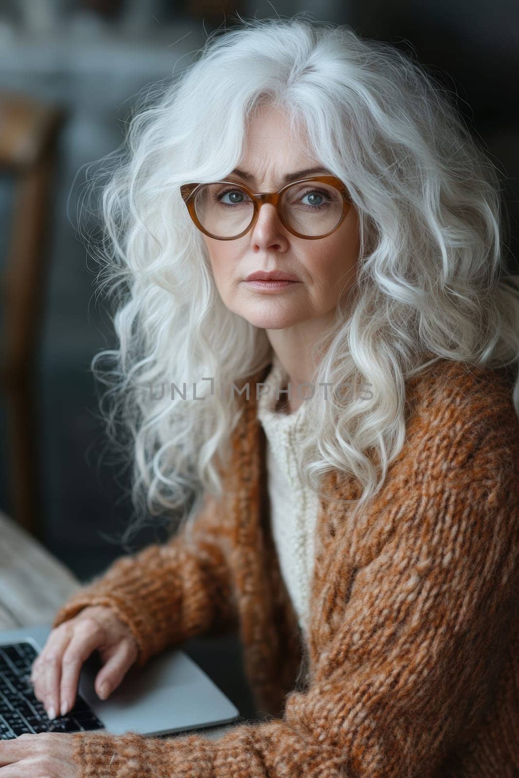An elderly woman using a laptop computer AI generative.