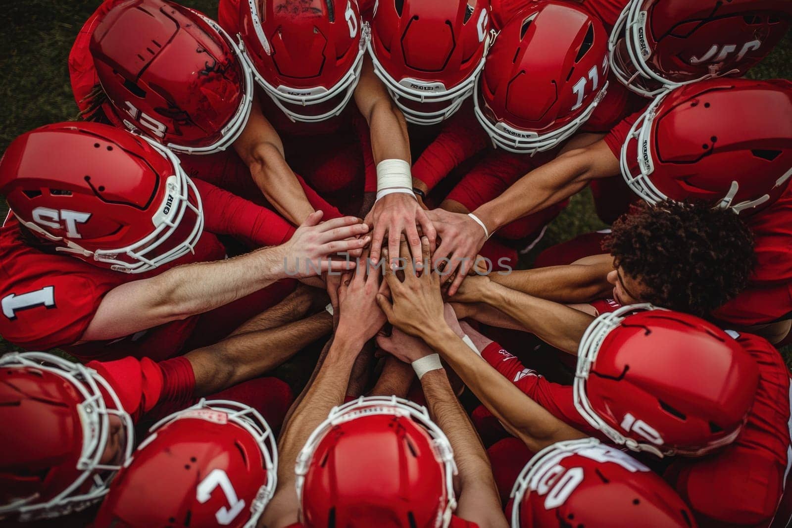 High school football players in red uniforms huddle together, joining their hands in a powerful display of unity and teamwork before a game