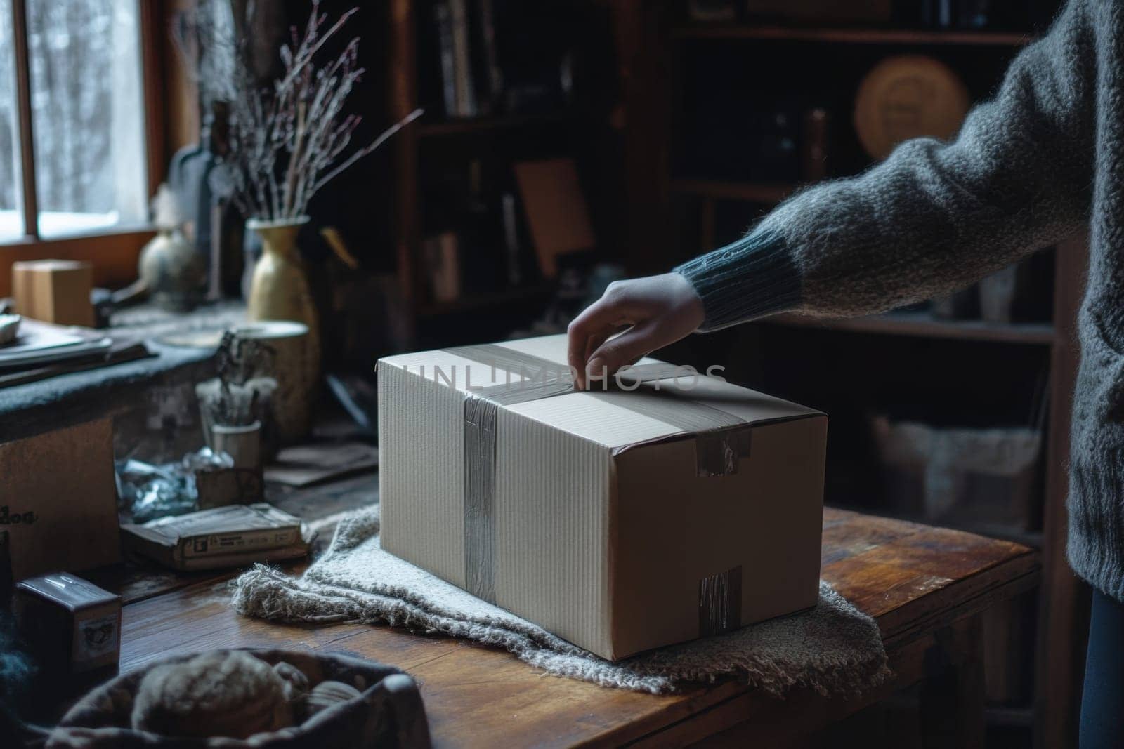 Shop owner preparing parcel for shipment in cozy workshop