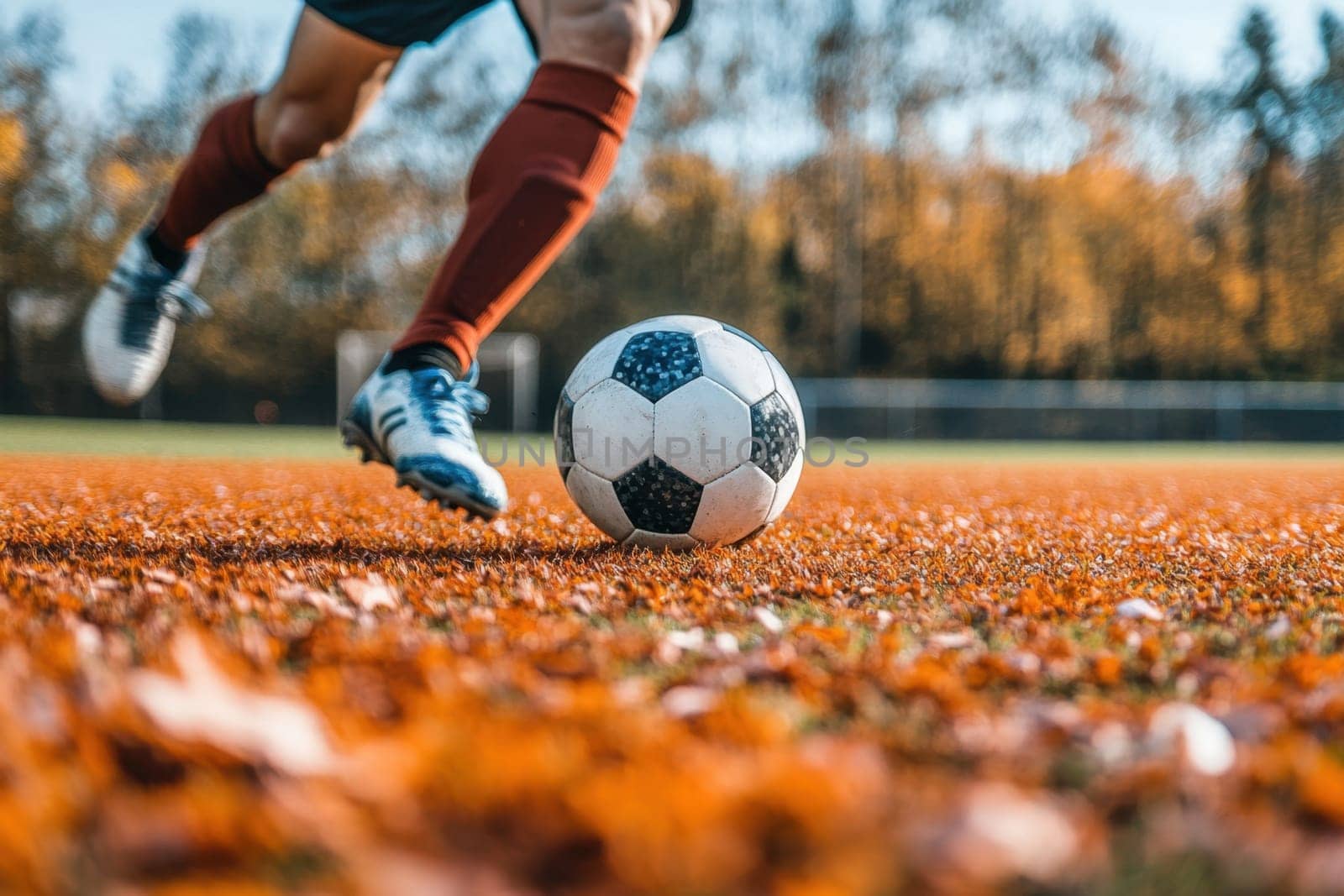 Professional soccer player kicking ball on a field covered with autumn leaves during a soccer game