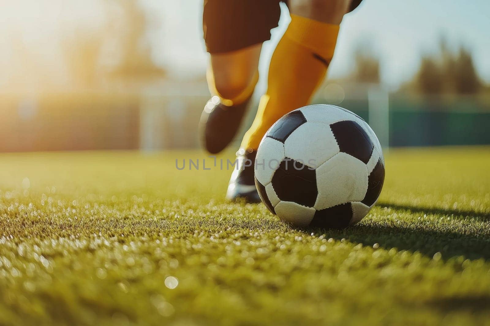 Professional soccer player kicking ball on field during sunset