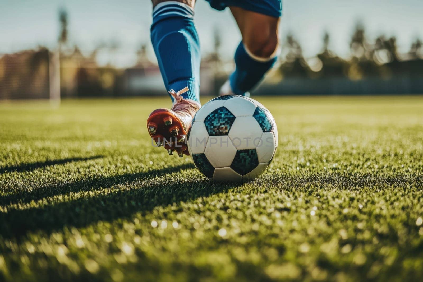 Soccer player kicking ball on field during a sunny day
