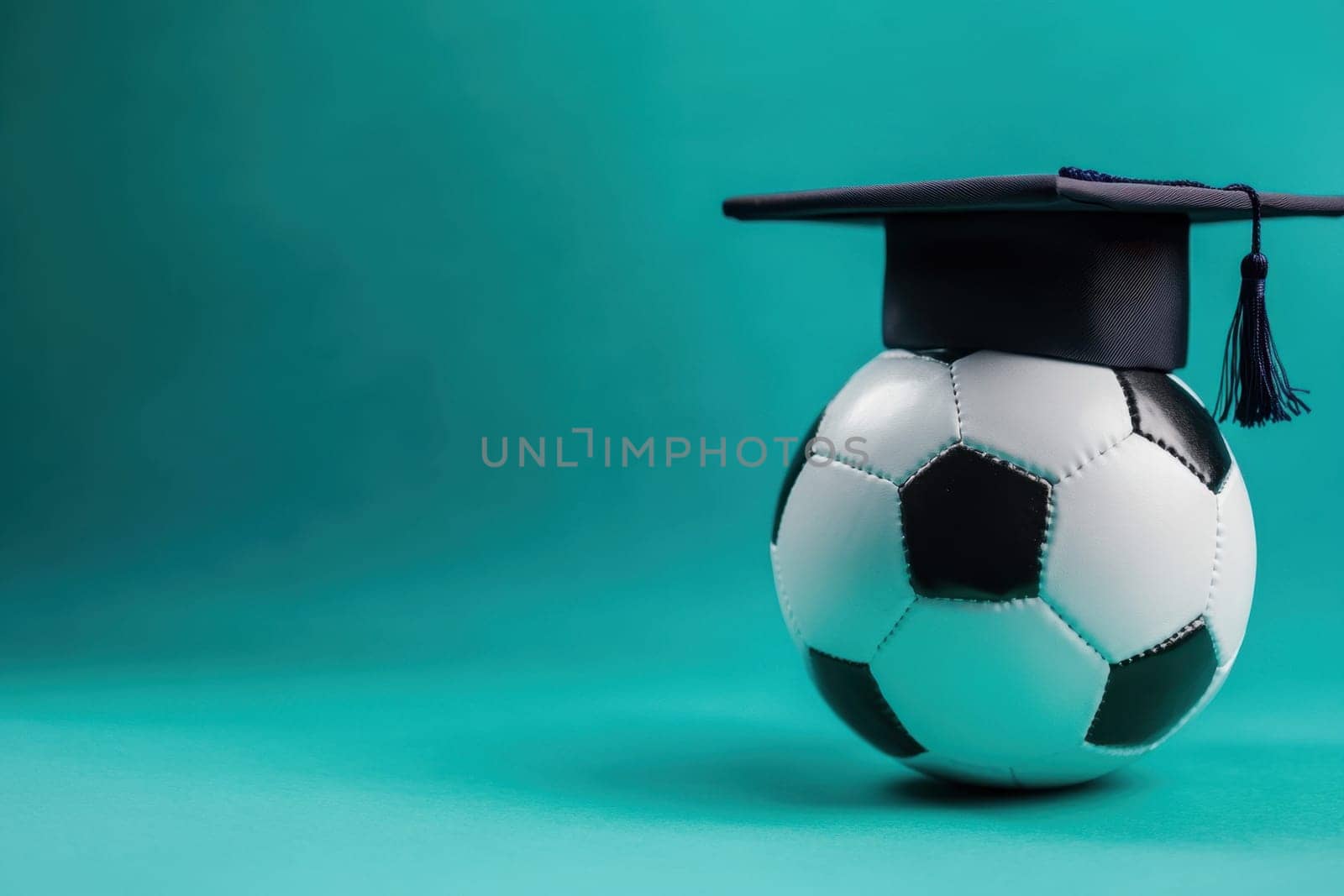 Soccer ball with a graduation cap representing the importance of education in sports and celebrating academic achievements in athletics