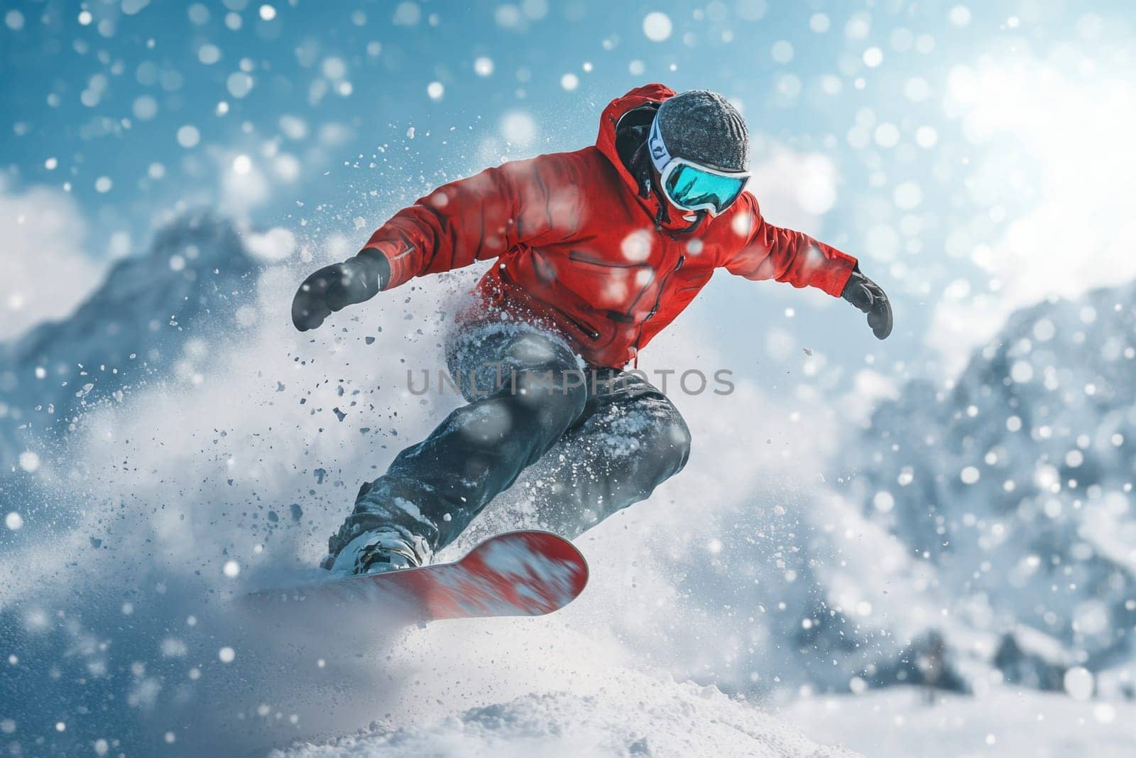 Snowboarder jumping in fresh powder snow with snowy mountains in the background