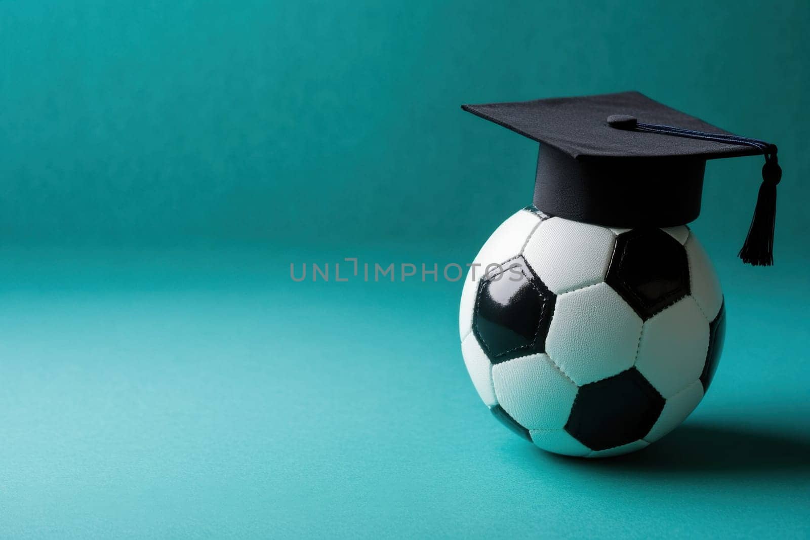 Soccer ball with a graduation cap symbolizing education in sports on a vibrant teal background