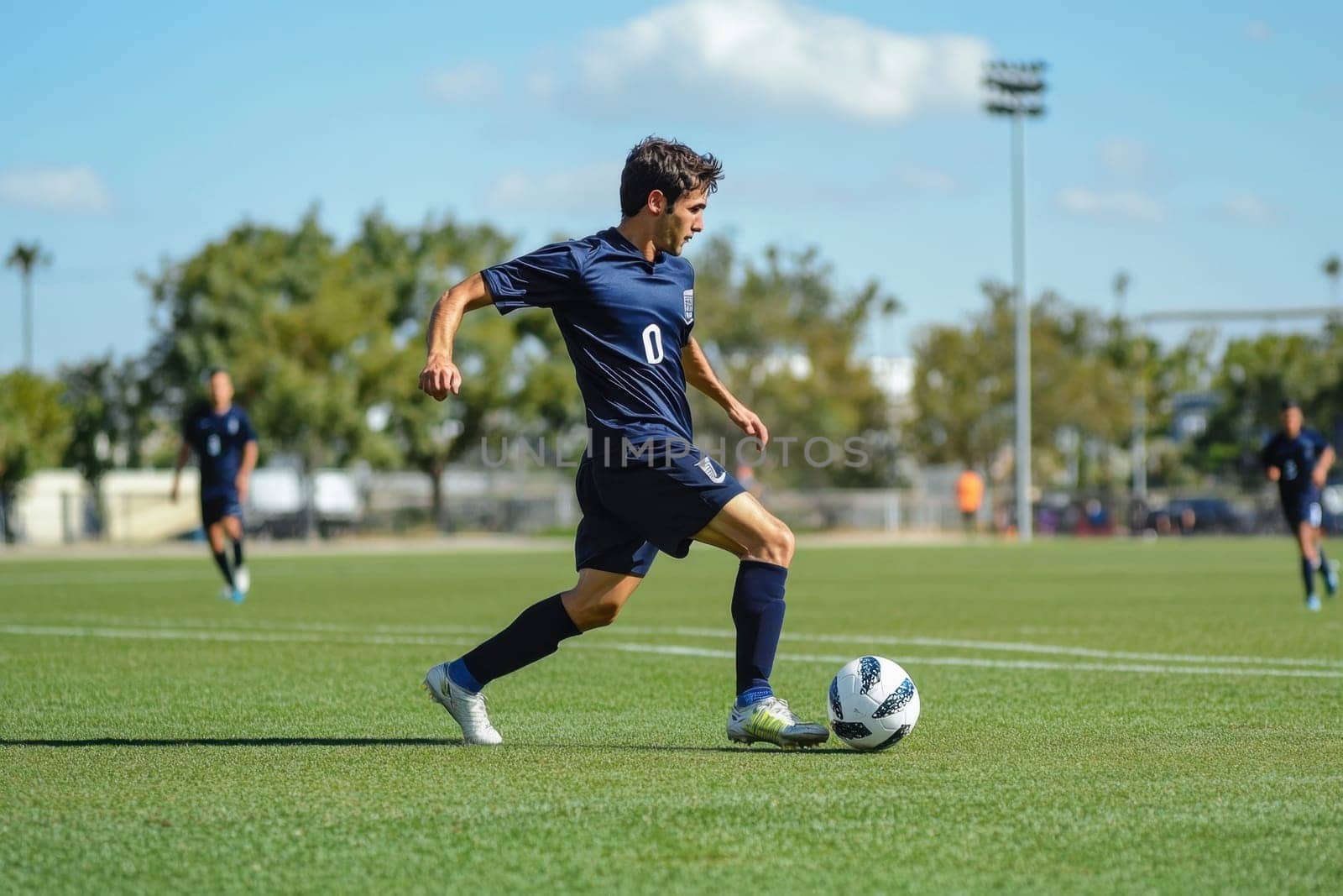 Young soccer player running with the ball on a green field during a sunny day