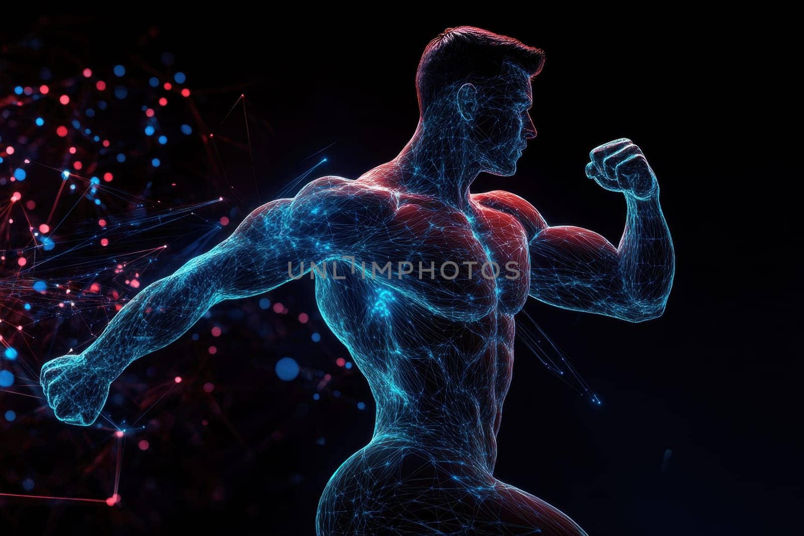 Polygonal mesh showing muscular system of athlete flexing biceps, demonstrating strength and fitness