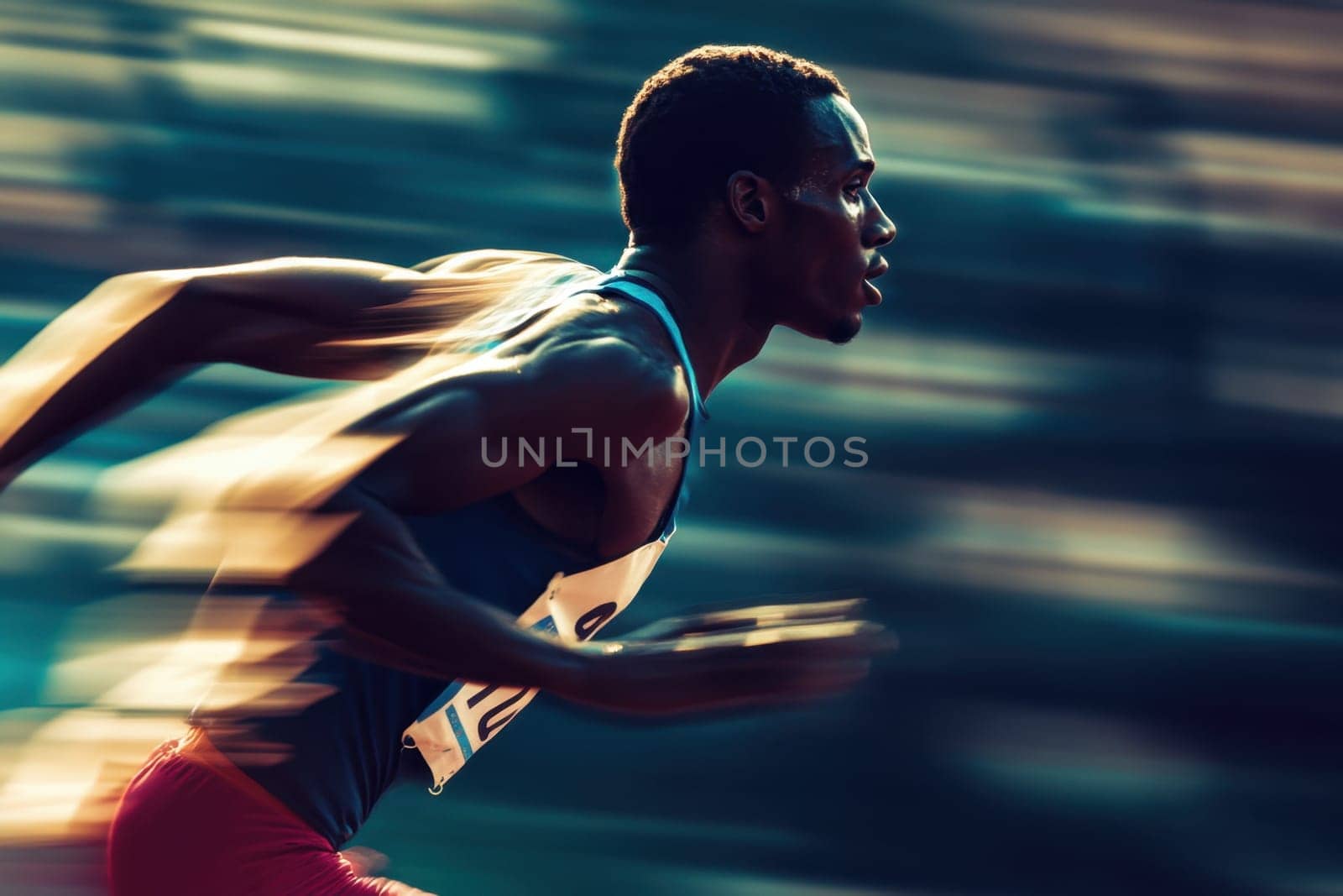 Powerful runner sprinting on an athletics track during a race, motion blur