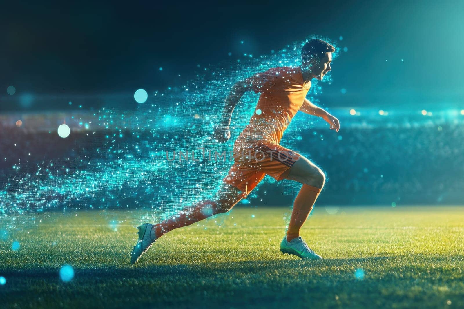 Professional athlete running on soccer field with digital particle effects, showcasing speed and technology in sports