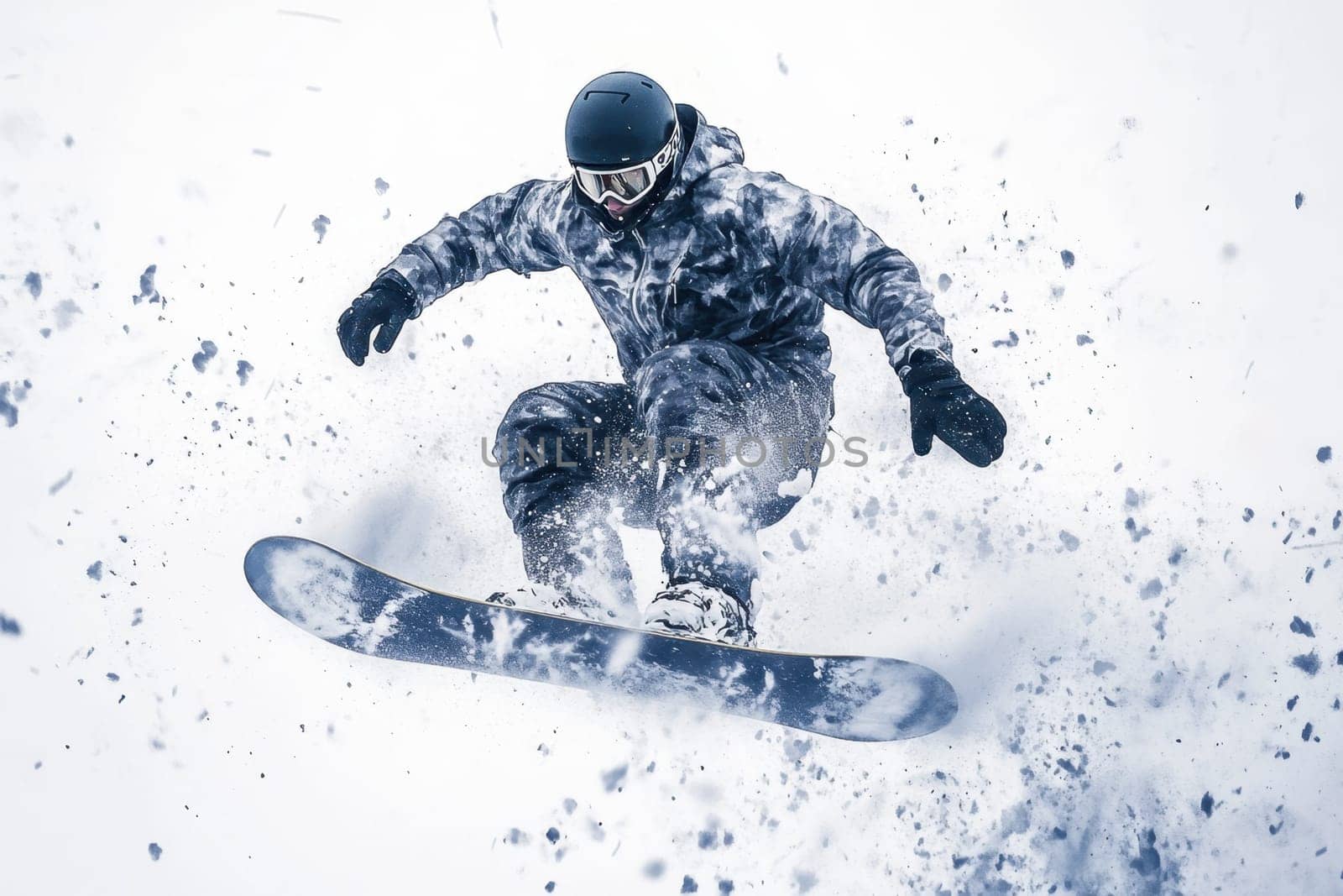 Snowboarder jumping high, performing tricks in fresh powder snow, showcasing skill and athleticism