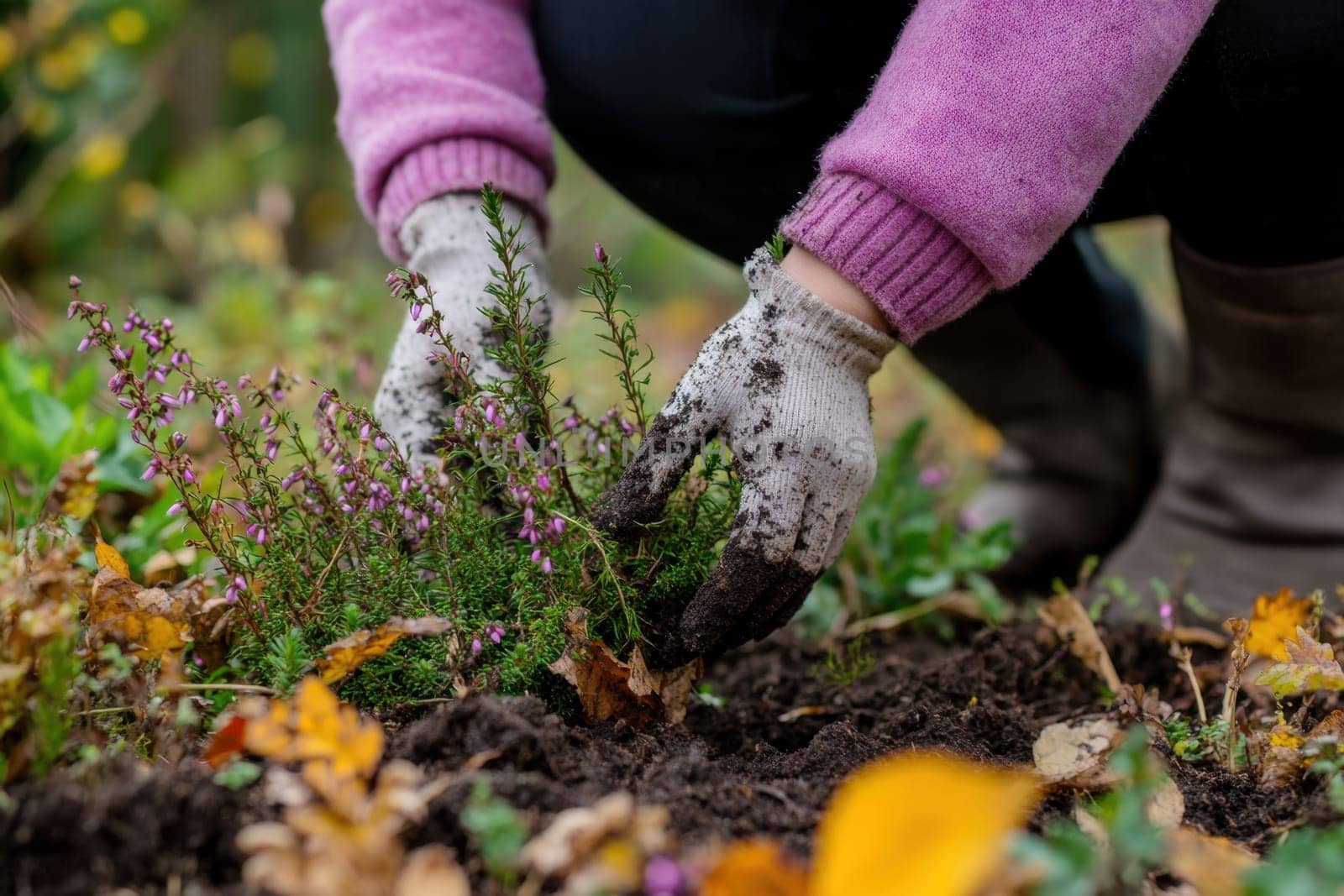 Gardener wearing gloves planting heather in garden during autumn season