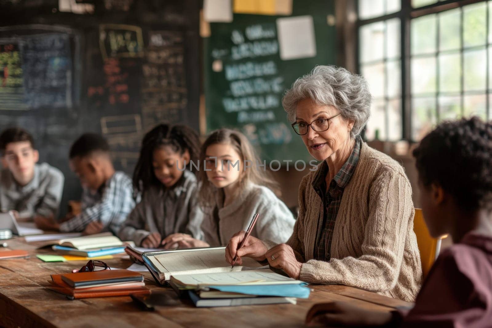 Senior teacher assisting diverse group of elementary school students with their studies in a classroom setting
