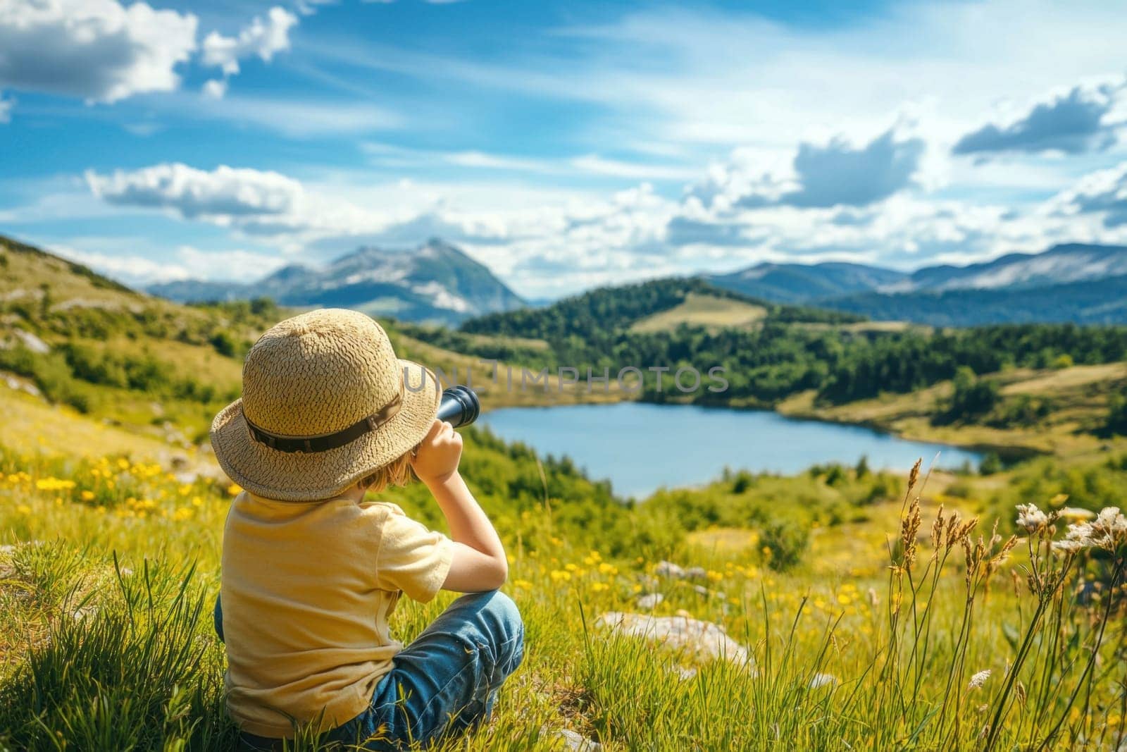 Child using binoculars exploring a mountain lake during a sunny summer day