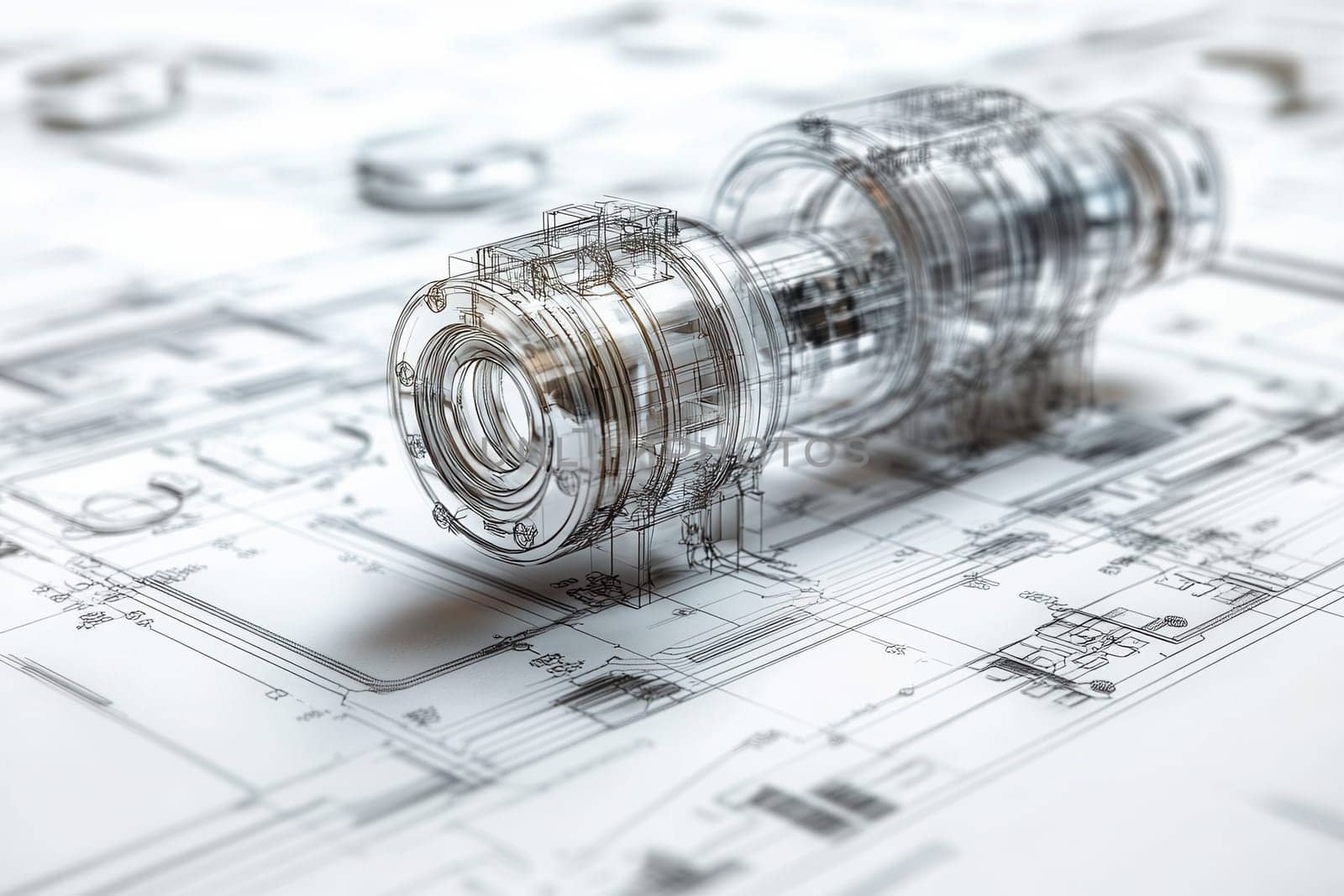 Transparent engine model placed on engineering blueprint, showcasing innovation in product design and development
