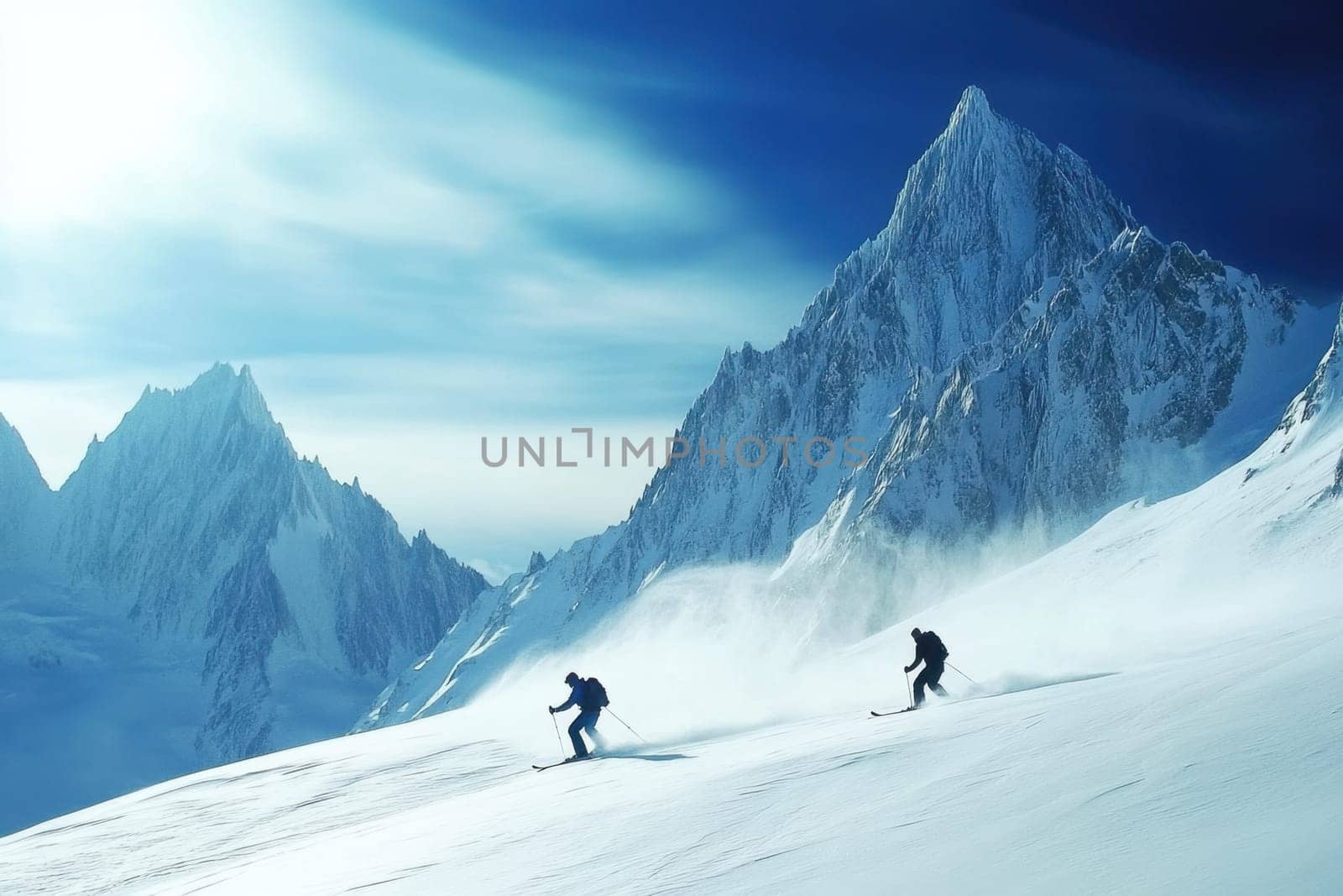 Two skiers are skiing down a snowy mountain slope on a sunny winter day