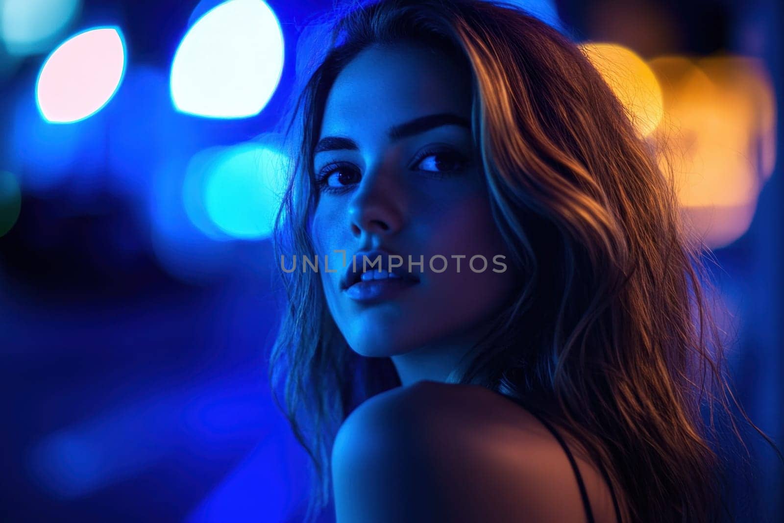 Sensual young woman posing in blue and yellow neon lights in a night city portrait