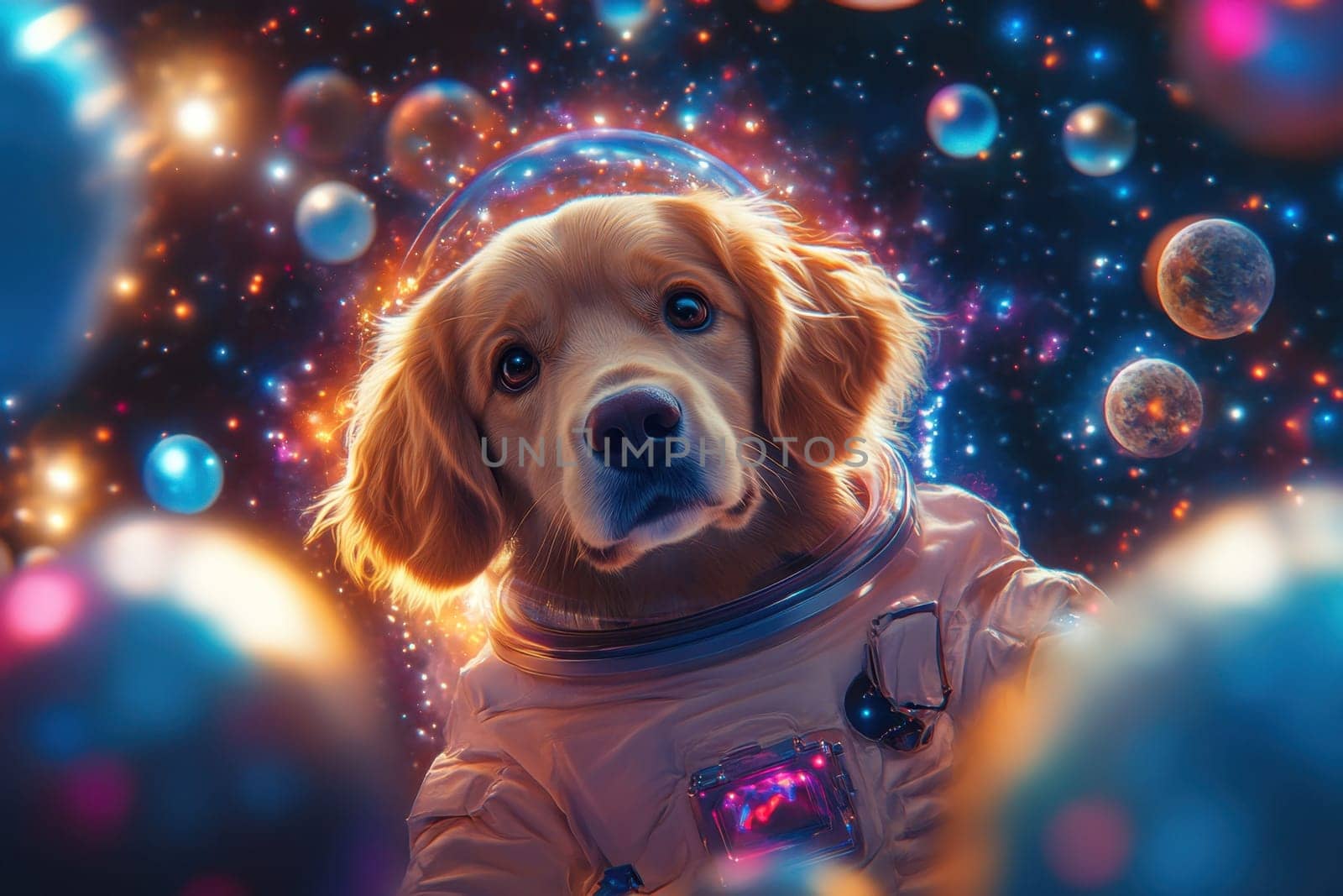 Golden retriever astronaut dog wearing spacesuit floating in colorful galaxy with planets and stars, science fiction illustration