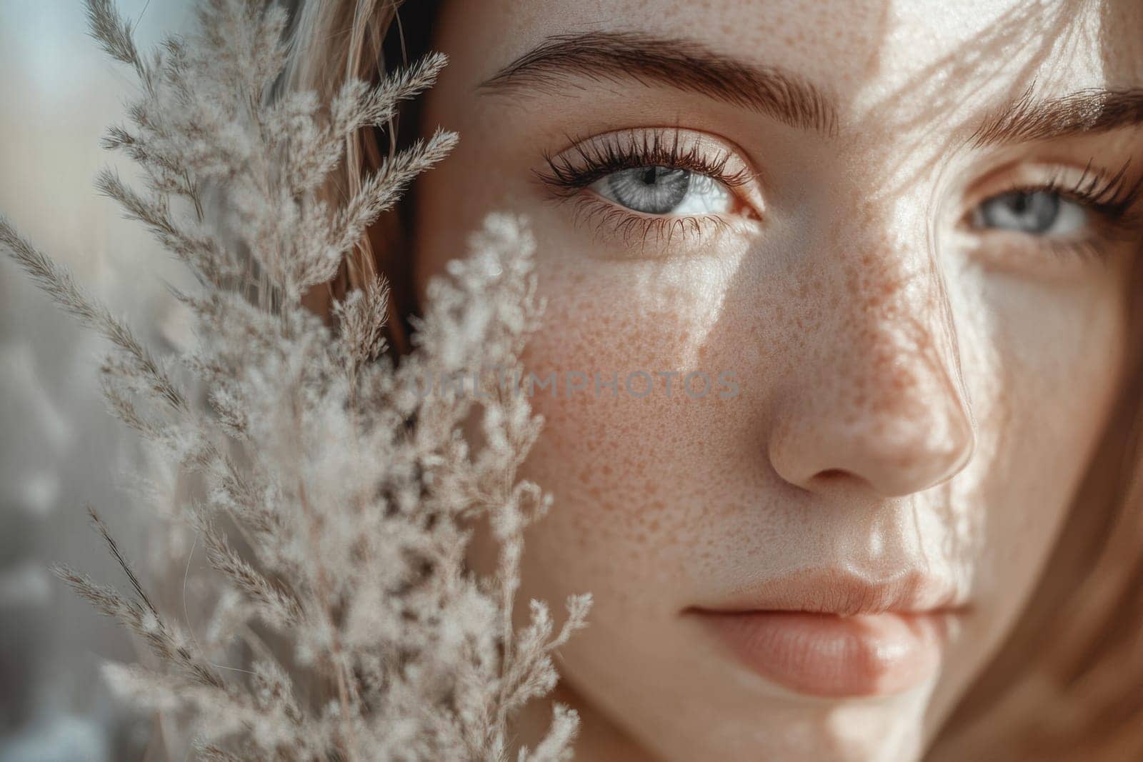 Soft sunlight illuminates the face of a freckled young woman partially obscured by pampas grass, creating a dreamy and ethereal atmosphere