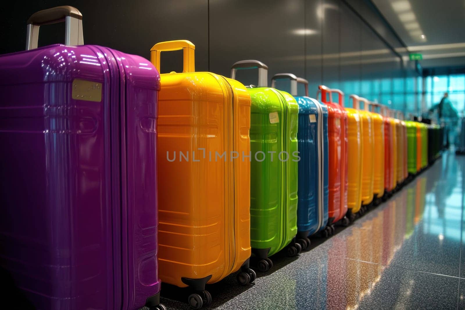 Many colorful suitcases are lined up at an airport terminal, ready for passengers to collect their belongings