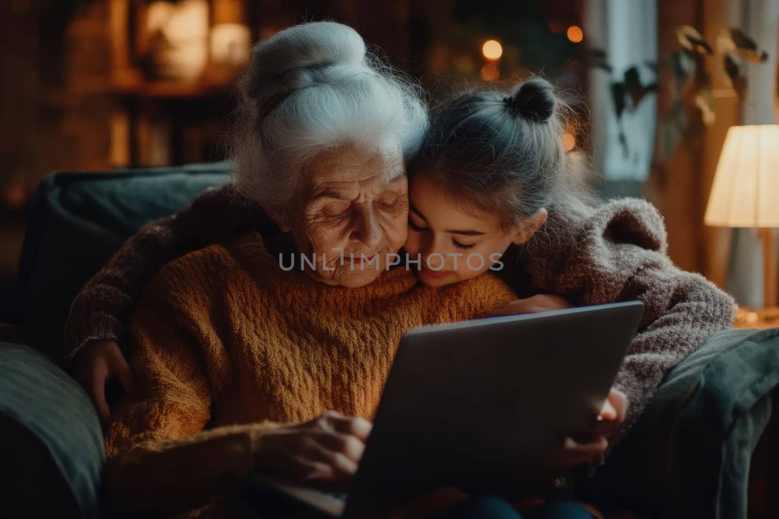 Senior woman and her granddaughter browsing internet on laptop computer at home