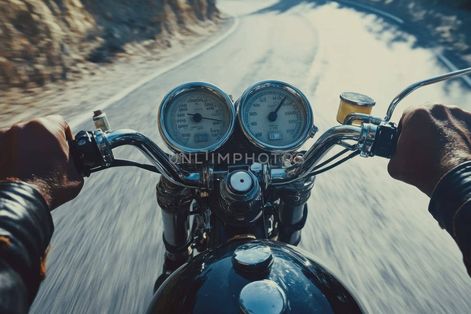 Motorcyclist driving a custom vintage motorbike on a scenic mountain road