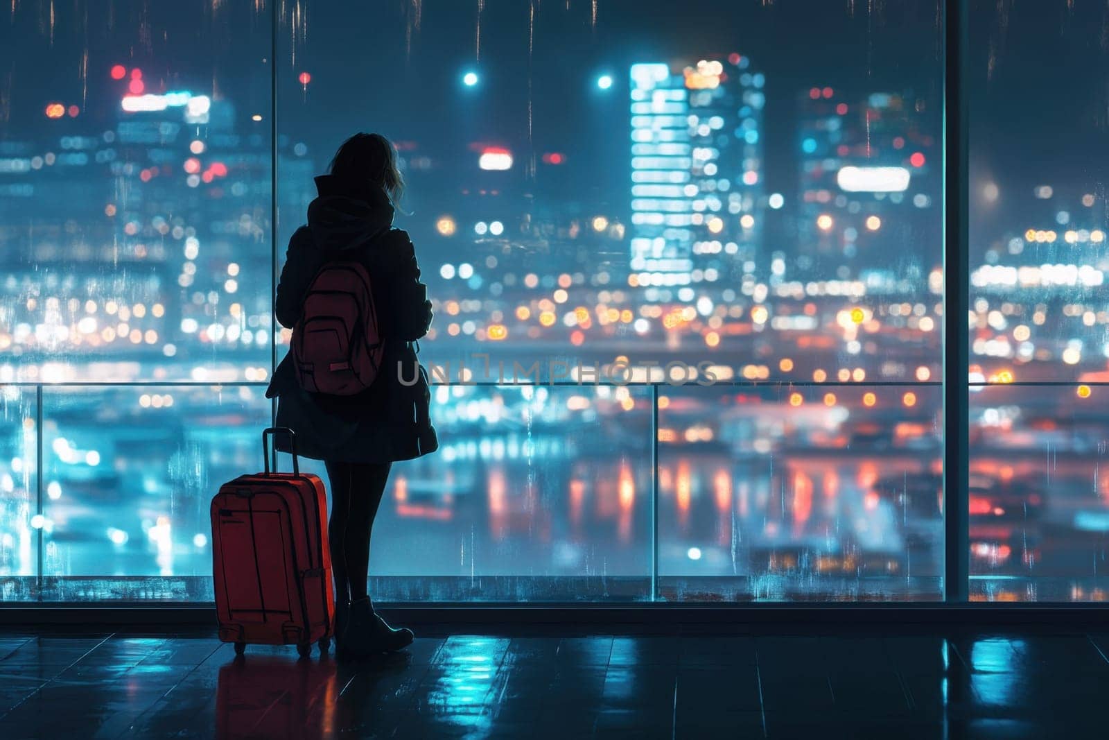 Traveler with luggage waiting in airport at night, observing the cityscape through a large window