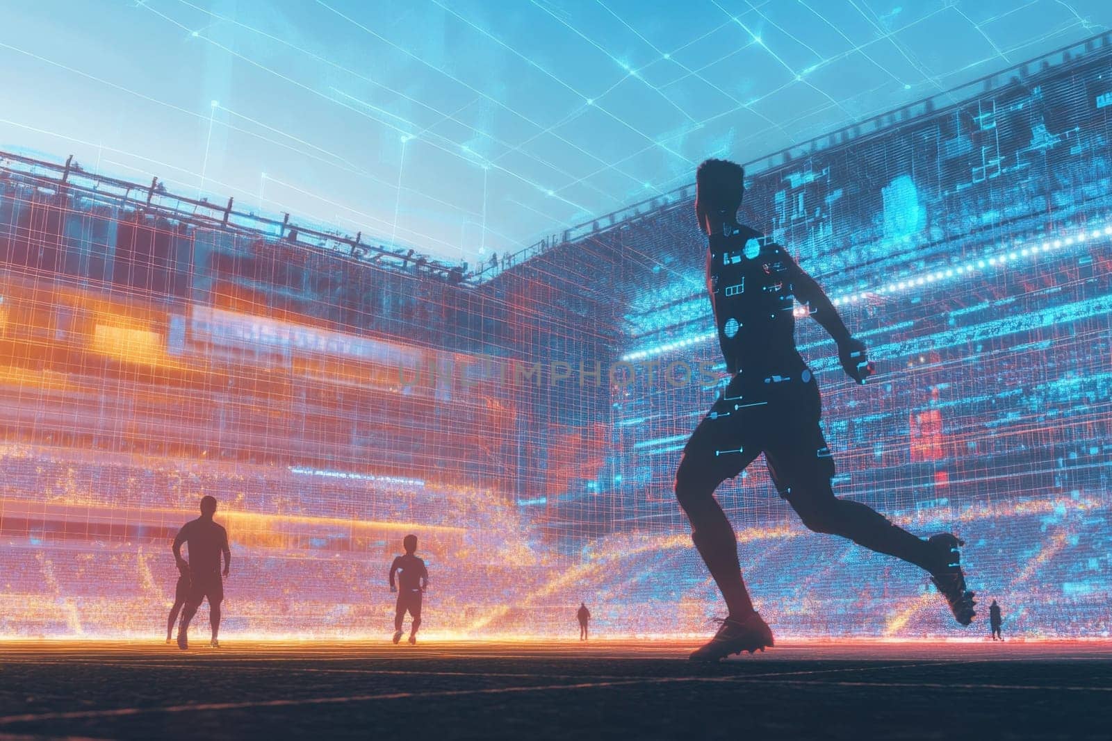 Silhouette of professional soccer player running in futuristic stadium with augmented reality highlighted by digital lines and data