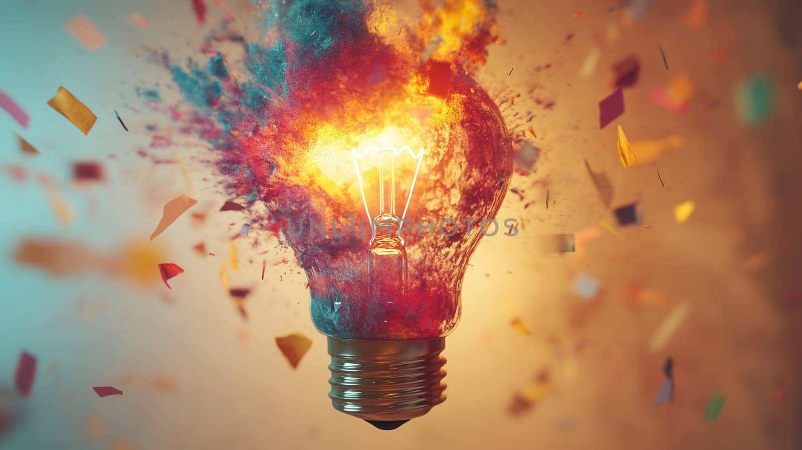 Incandescent light bulb exploding with colorful smoke and confetti, representing the concept of creative destruction and innovation