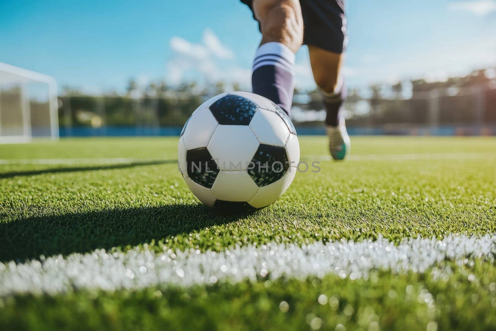 Soccer player kicking ball on a field during a sunny day, showcasing the energy and excitement of the sport