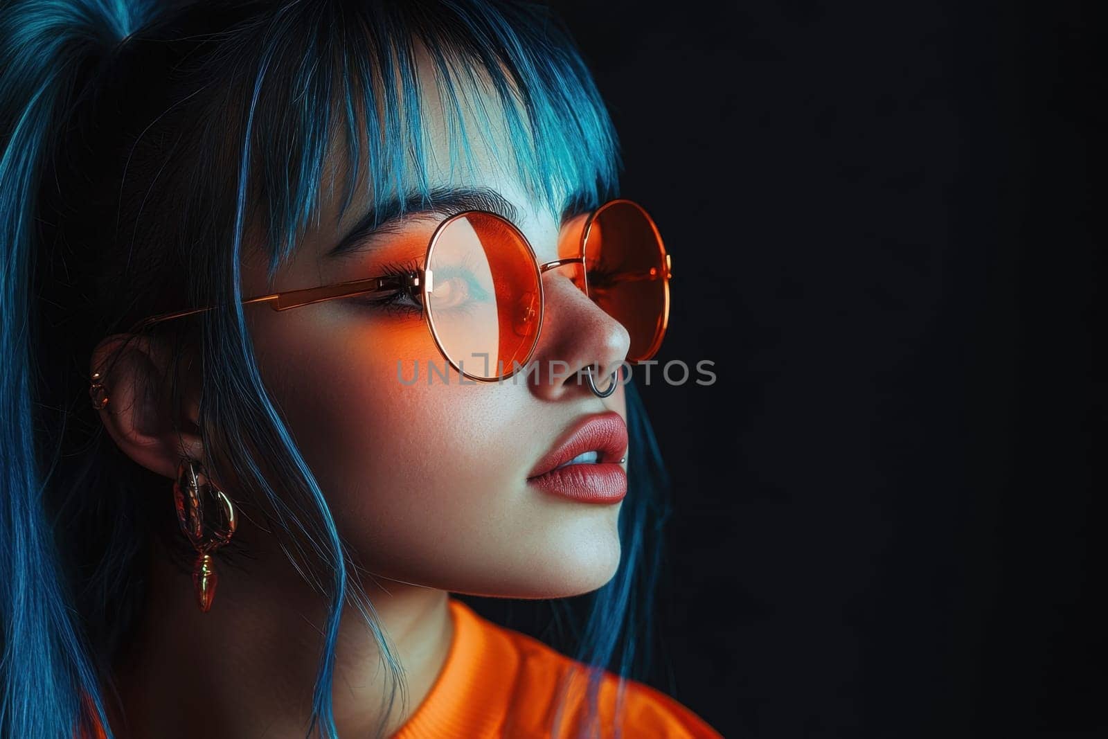 Young stylish woman wearing orange sunglasses and blue hair posing in studio shot