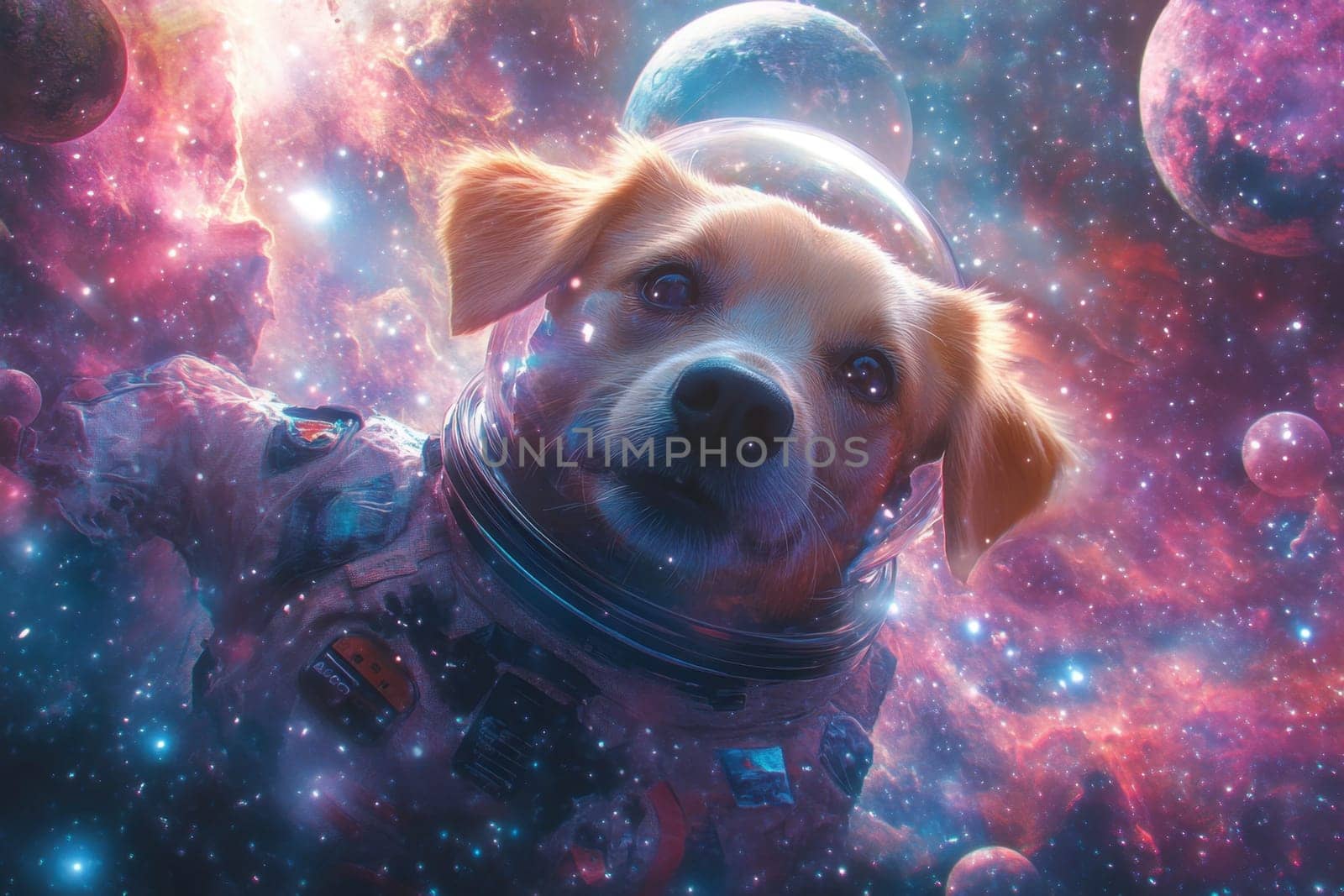 Golden dog astronaut wearing spacesuit exploring a colorful galaxy with planets and nebulae