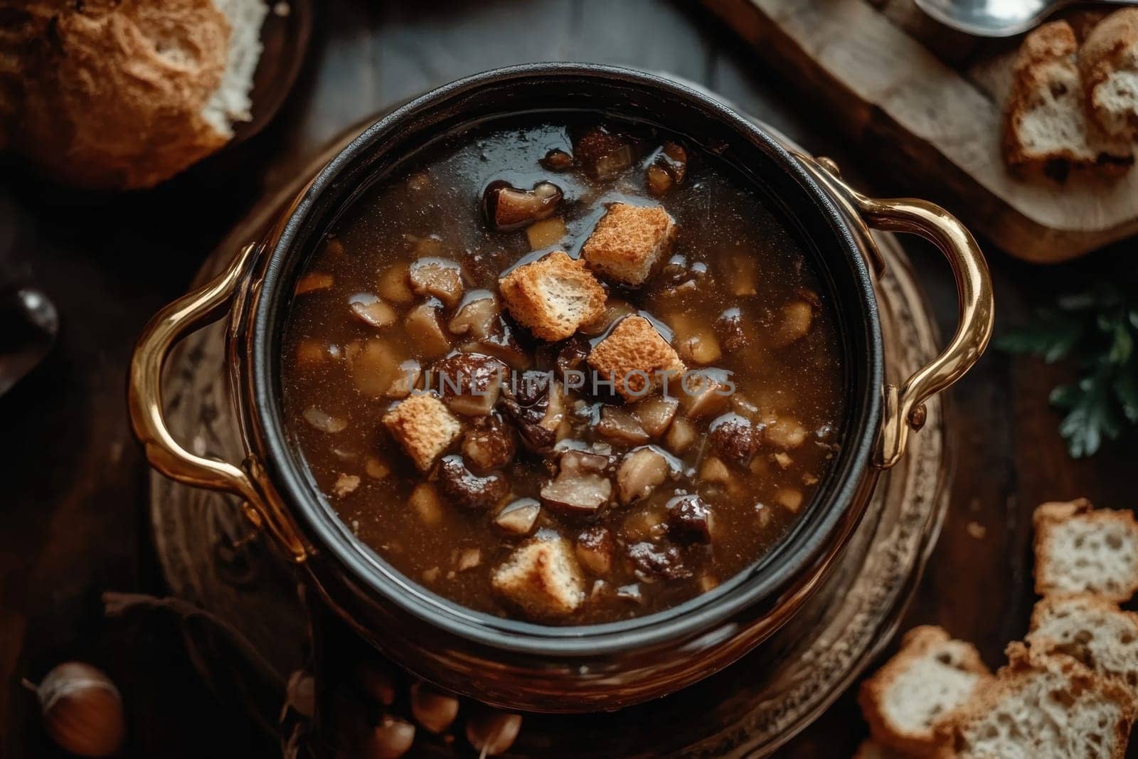 Chestnut soup is served hot in a black pot with gold handles, topped with croutons, on a dark wooden table